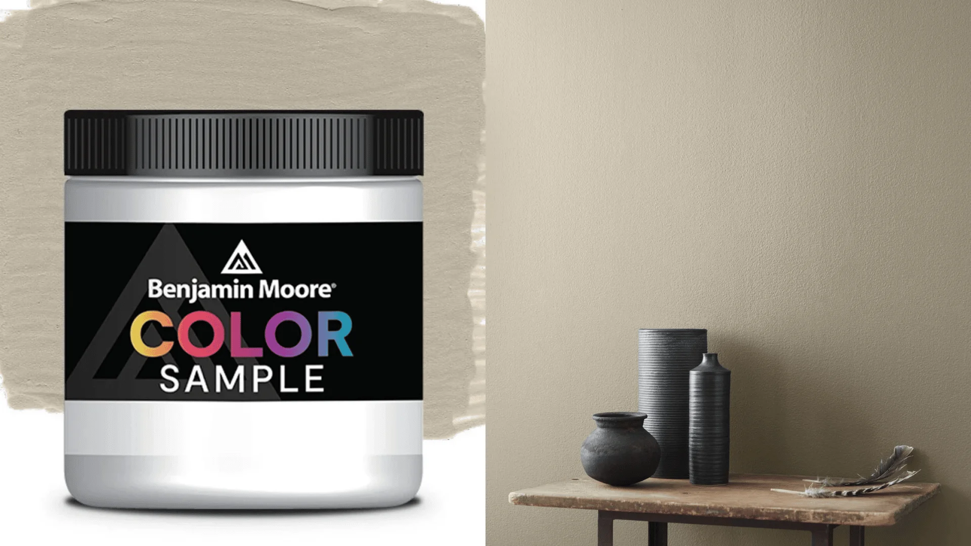 Benjamin Moore color sample jar next to a taupe wall with minimalist decor