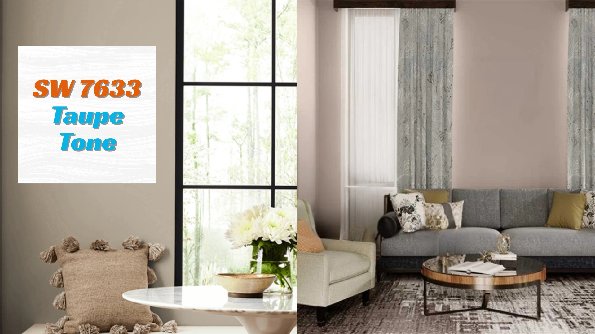 Living room showcasing SW 7633 Taupe Tone paint color with sofa and decor