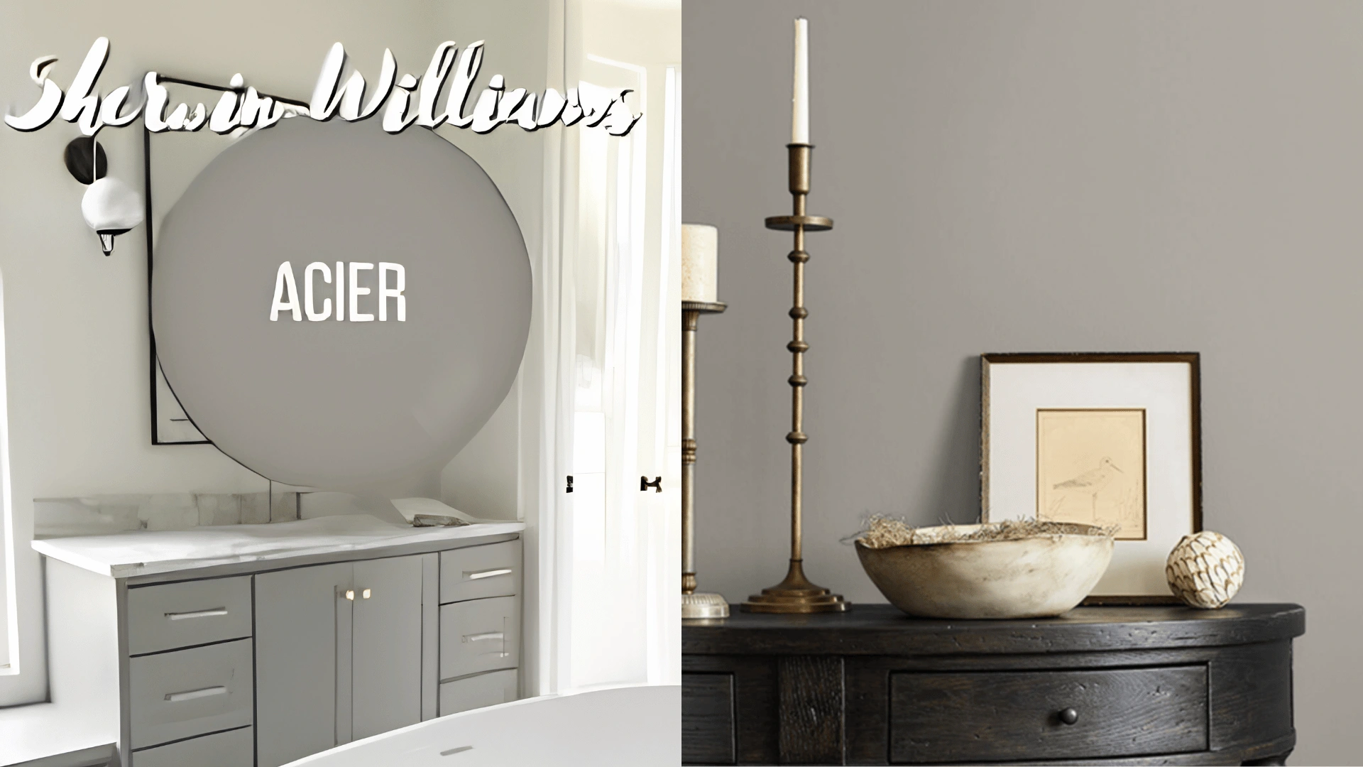 Sherwin-Williams Acier paint color shown on a bathroom vanity and a warm taupe wall.
