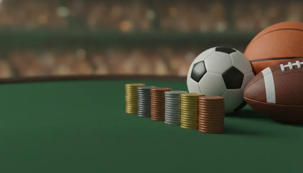 Stacks of coins next to football, soccer ball, and basketball on green felt table