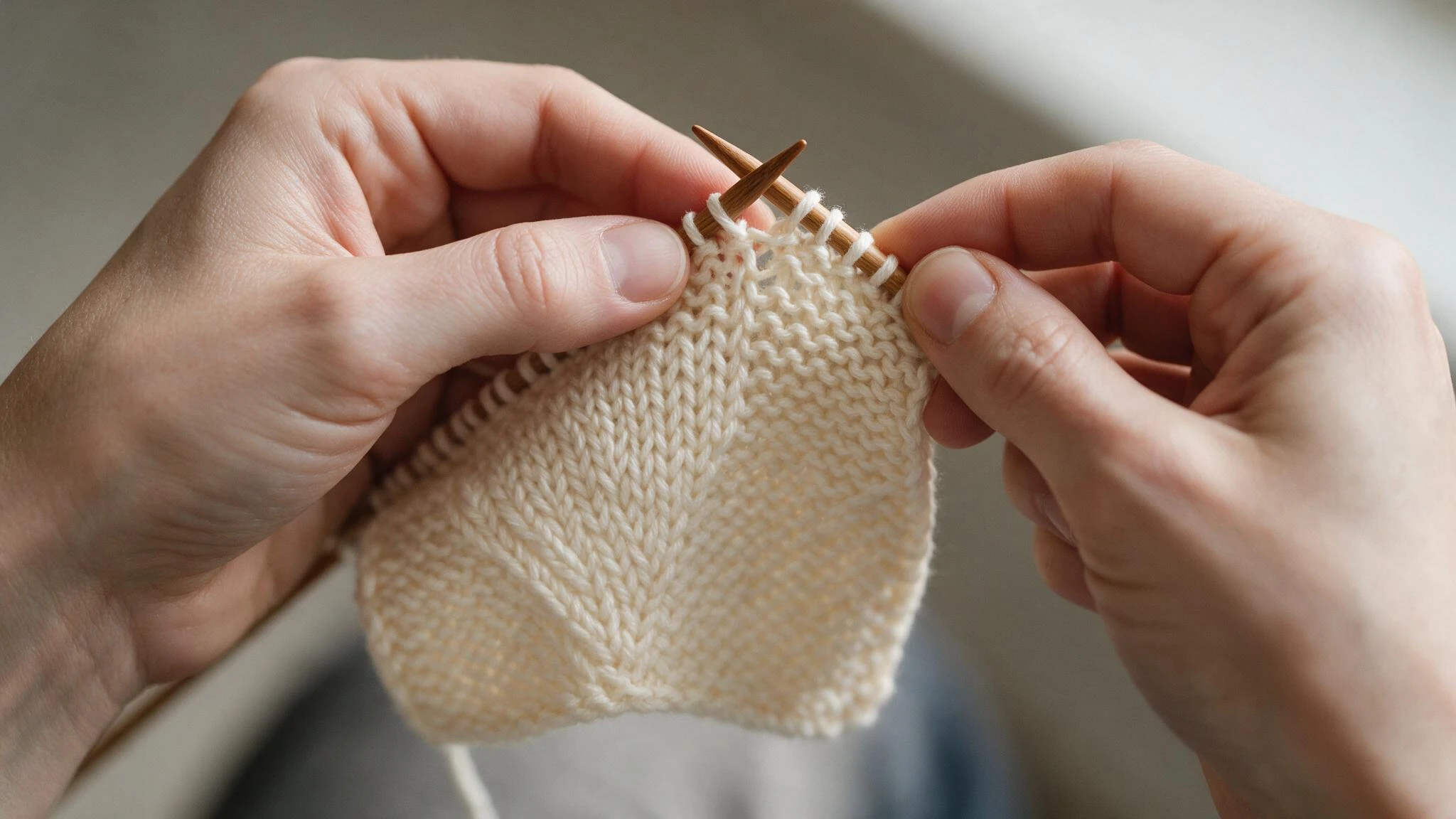 Hands knit cream-colored fabric with wooden needles, showing rows of stitches and a V-shaped pattern.