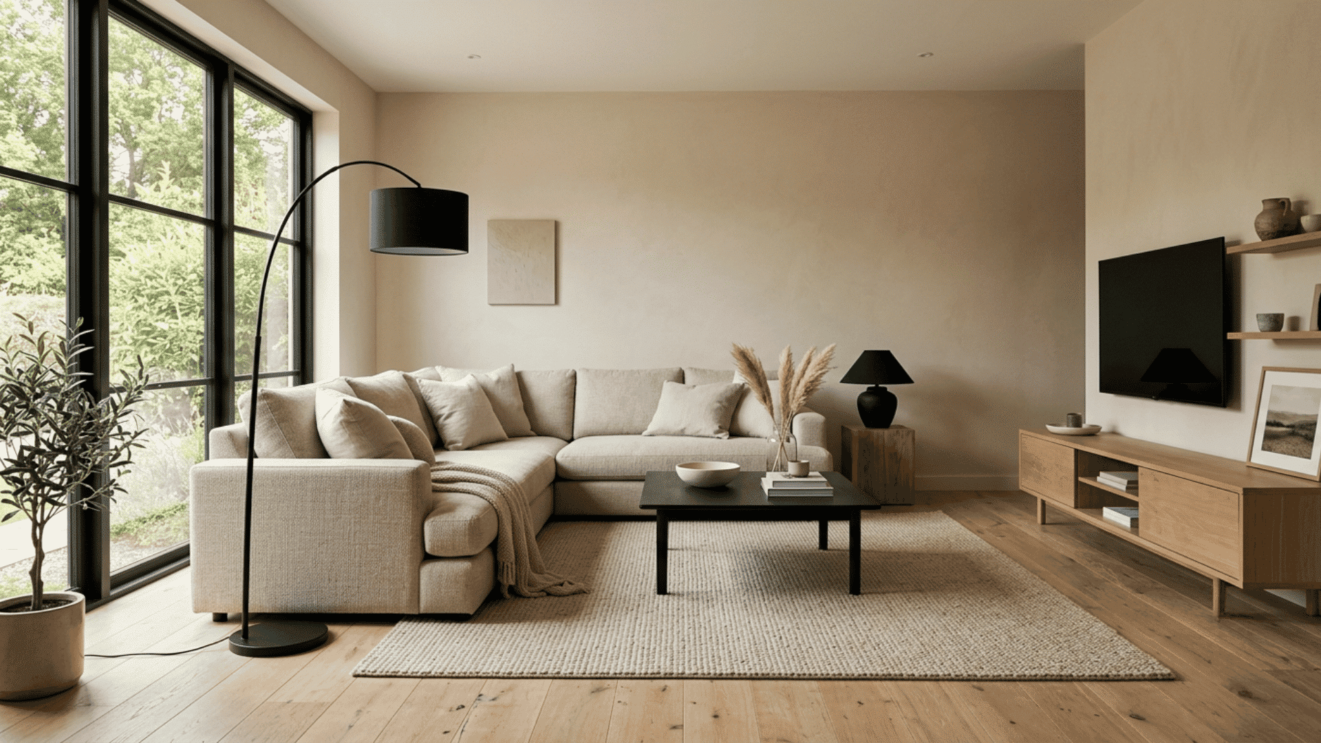 modern beige living room with black windows, sectional sofa, wooden lamp, and TV