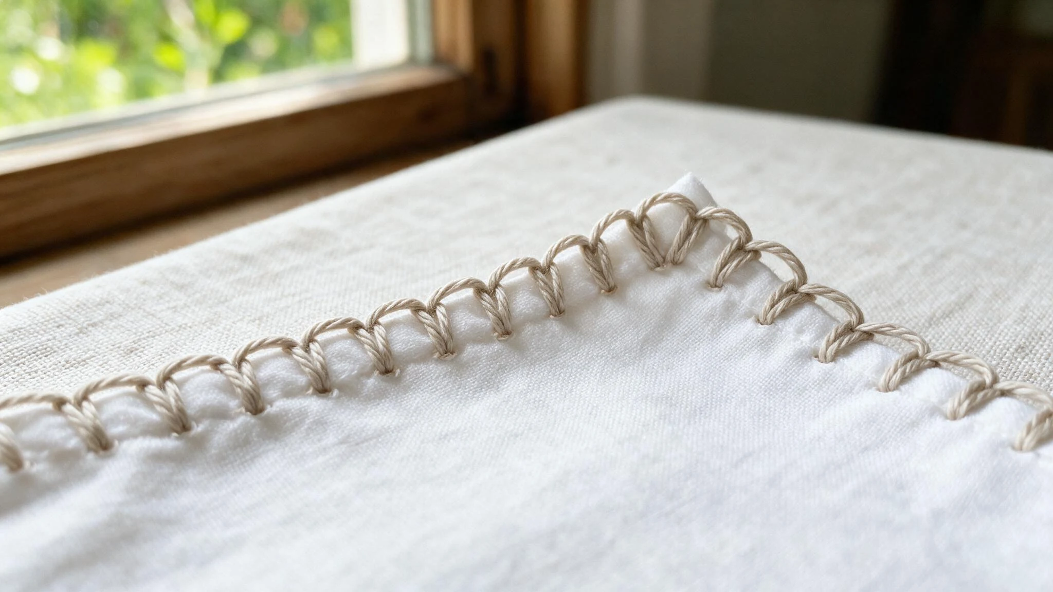 Blanket stitch in beige thread worked evenly around the edge of white fabric near a softly lit window indoors room