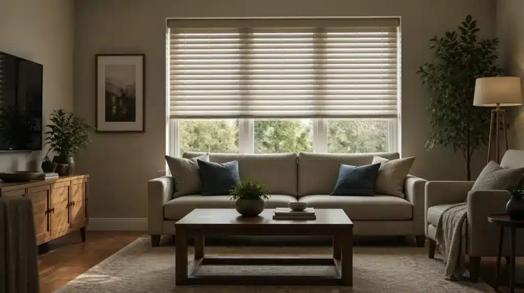 Living room with a sofa, armchair, coffee table, window blinds, television, wooden cabinet, framed picture, and plants.