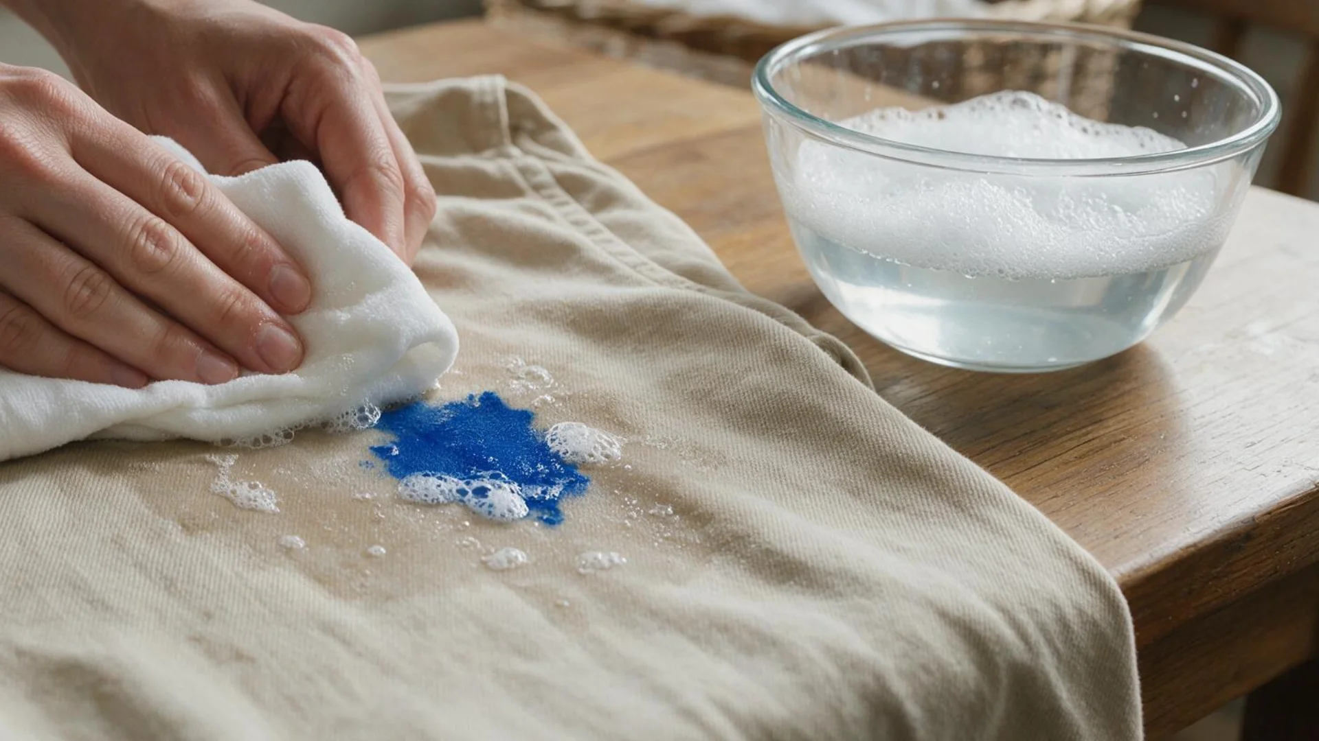 Blotting a blue paint stain on a beige T-shirt with a clean cloth and soapy cleaning solution.