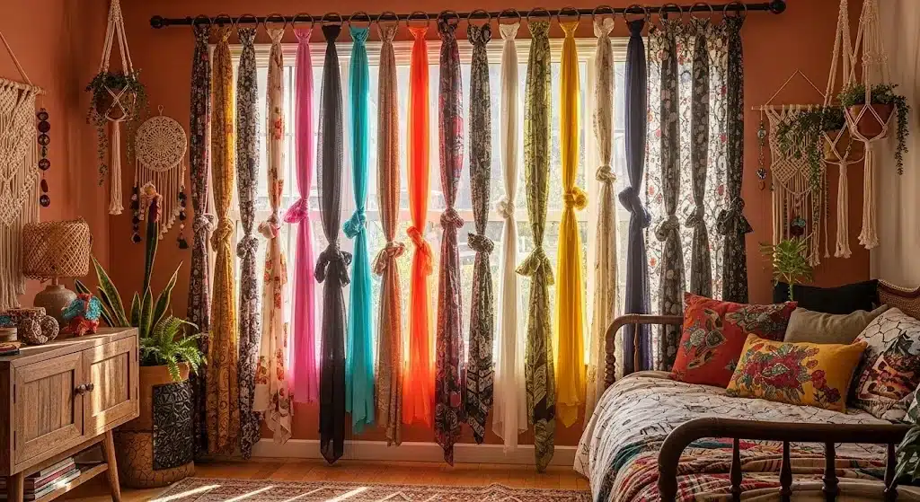 Colorful boho scarf curtains tied along a window in an eclectic bedroom with plants and macrame decor.