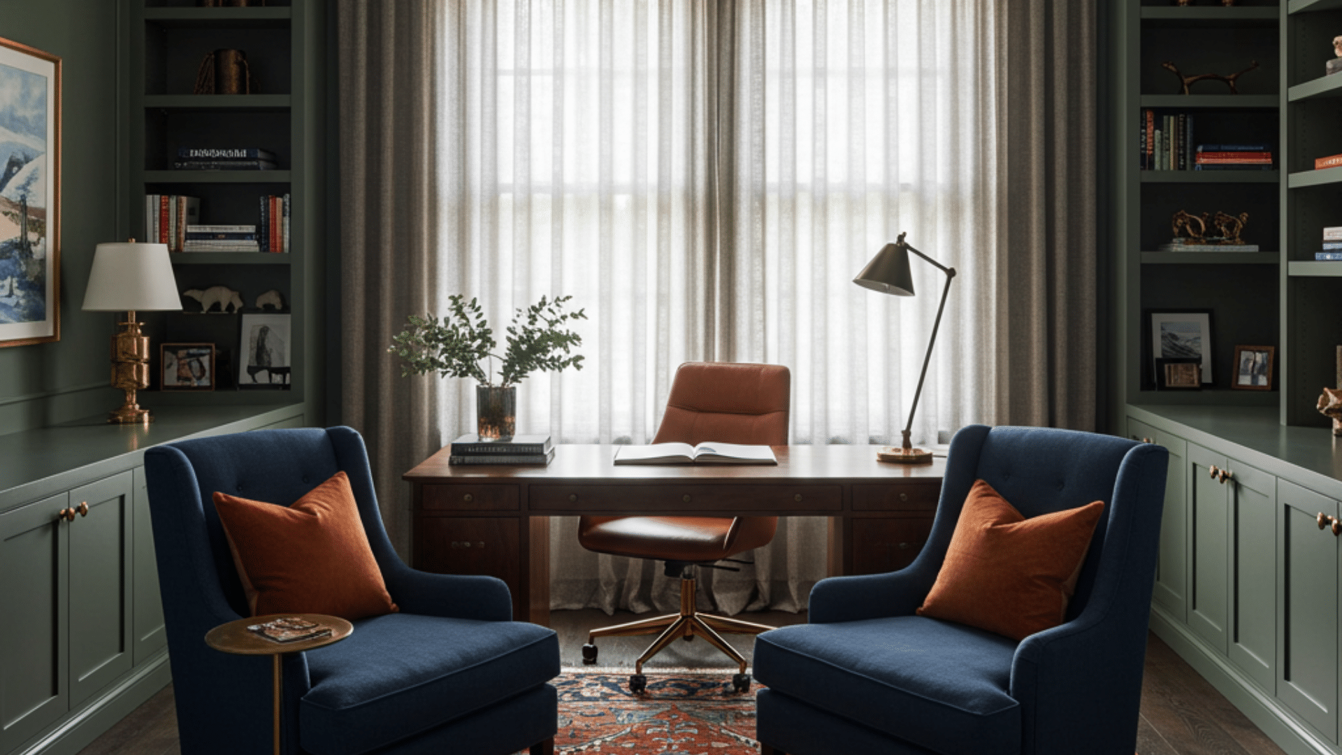 Home office with deep green built-ins, navy chairs, and rust accents