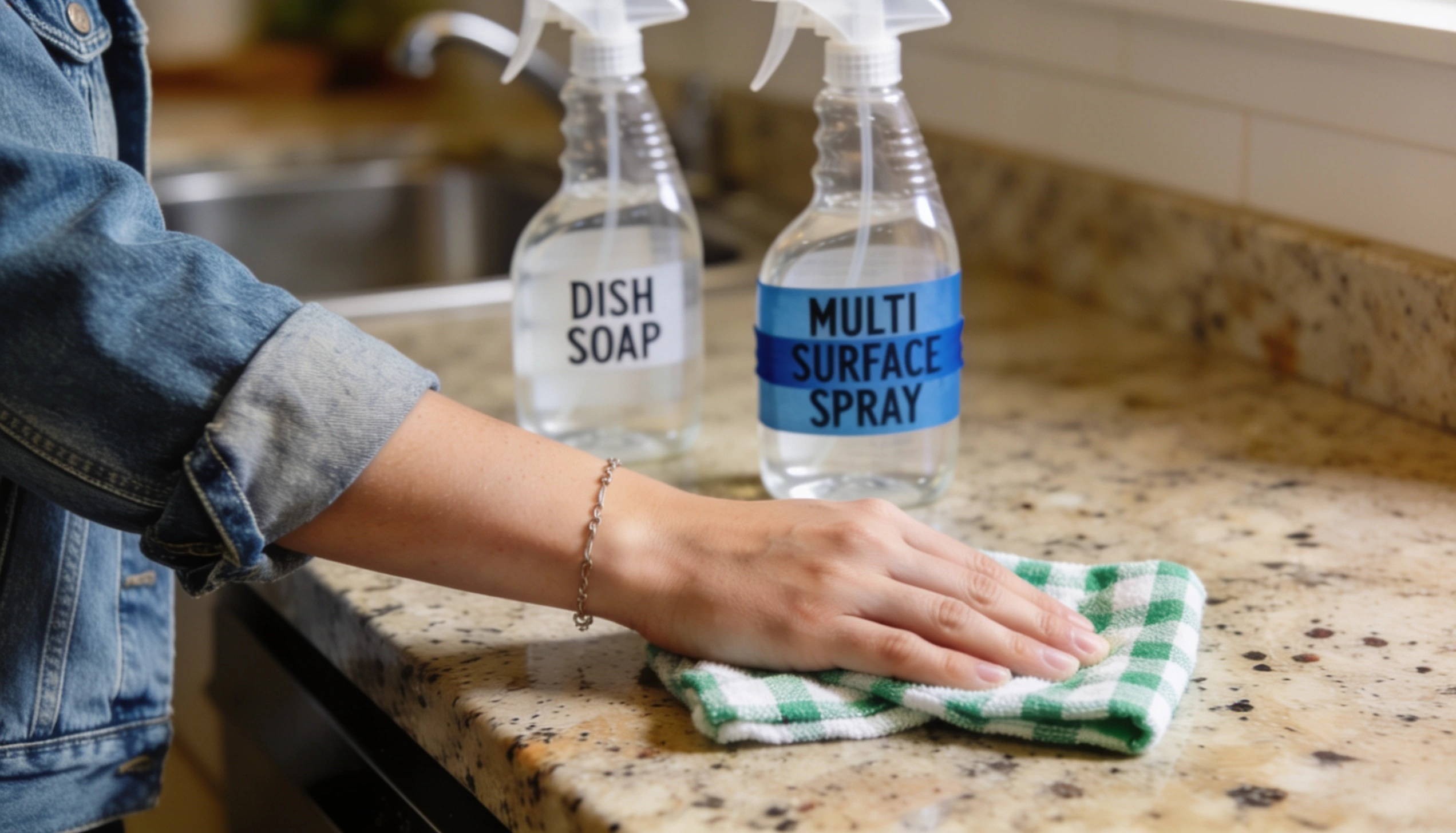 Bottles labeled dish soap and multi surface spray next to a hand wiping a granite countertop with a checkered cloth