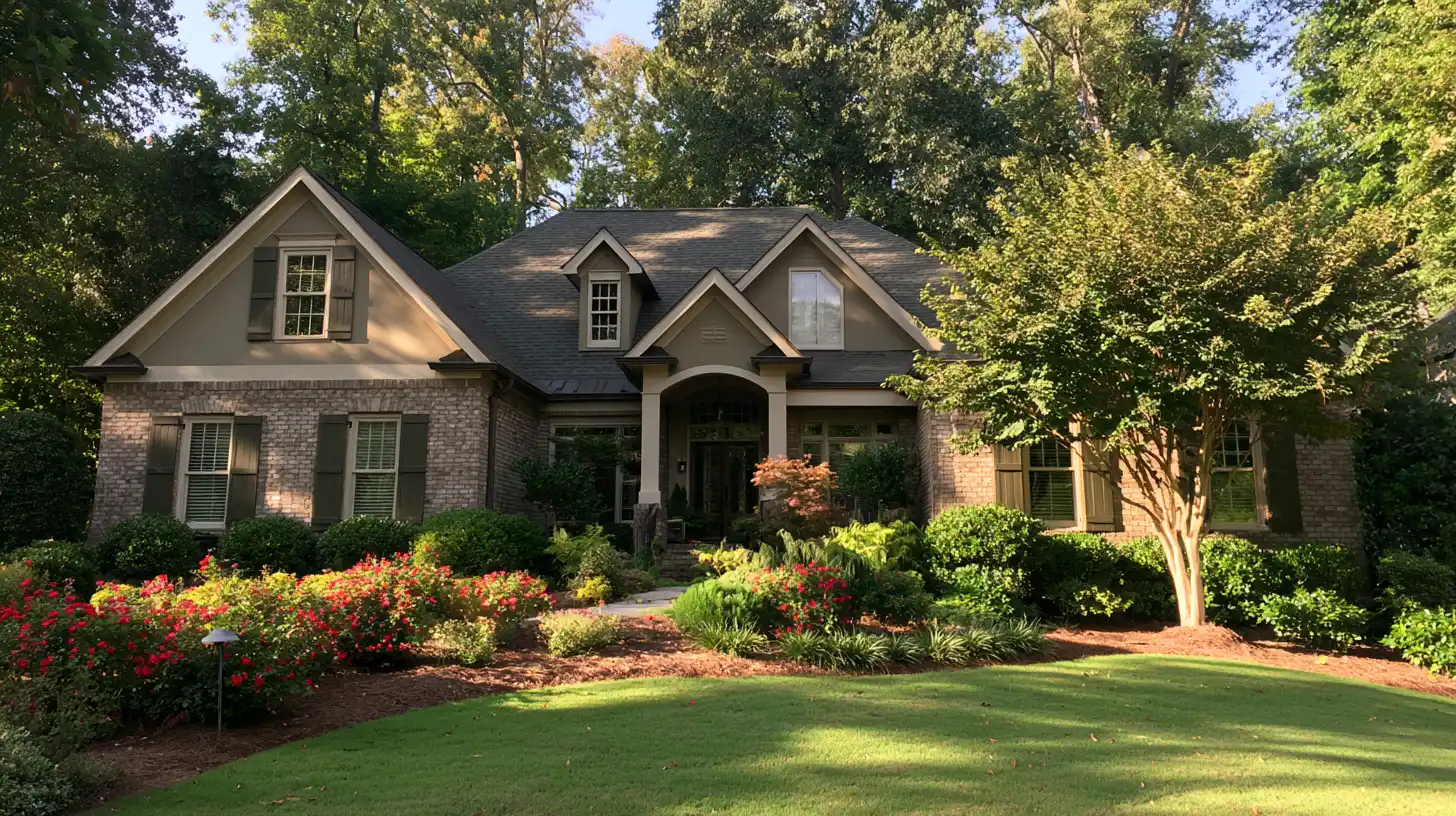 Brick-and-stucco suburban house with dormer windows, a covered entry, flower beds, shrubs, and a manicured lawn.