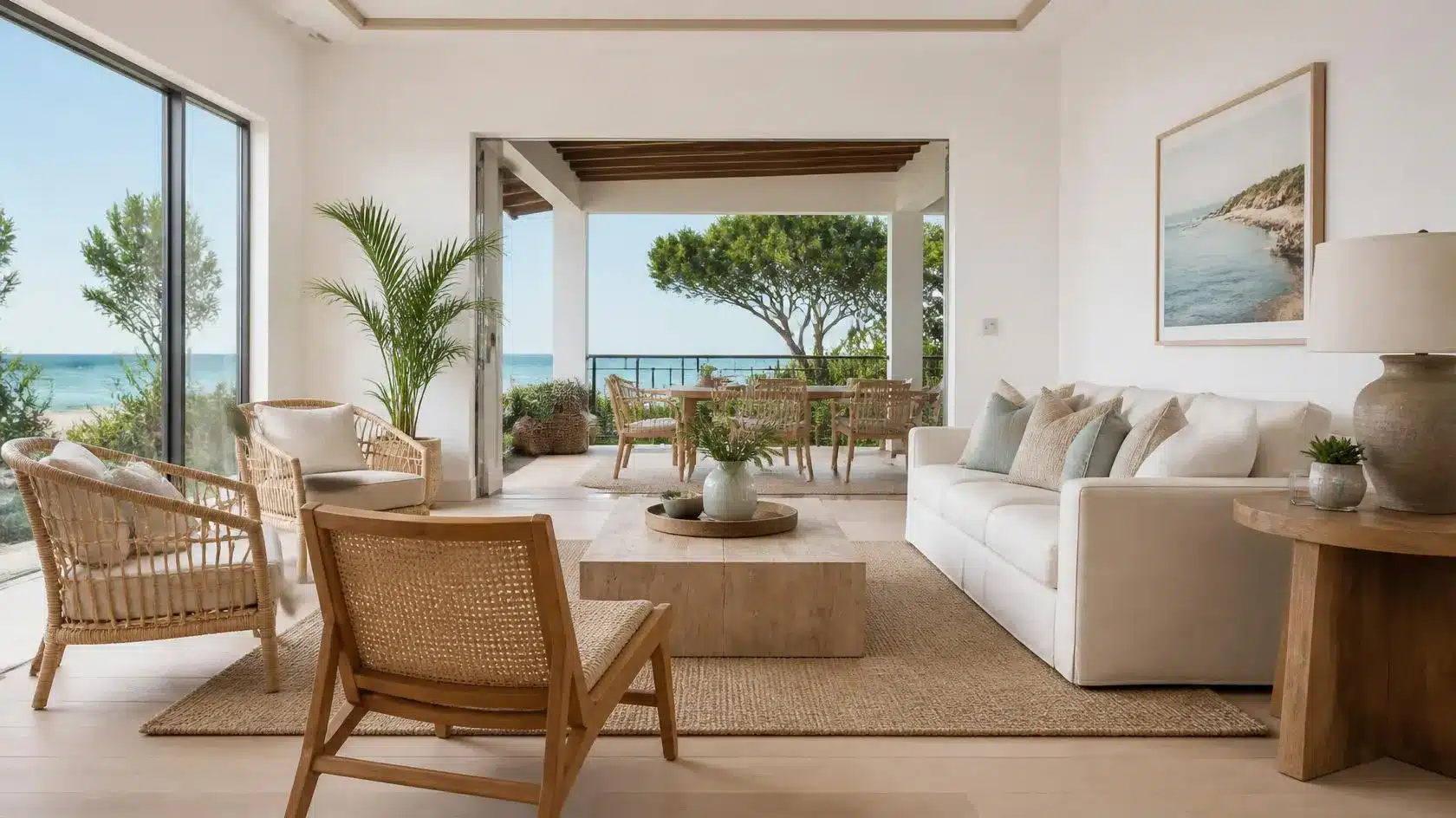 Bright, airy living room with rattan chairs, a white sofa, and large glass doors opening to a patio with ocean views.