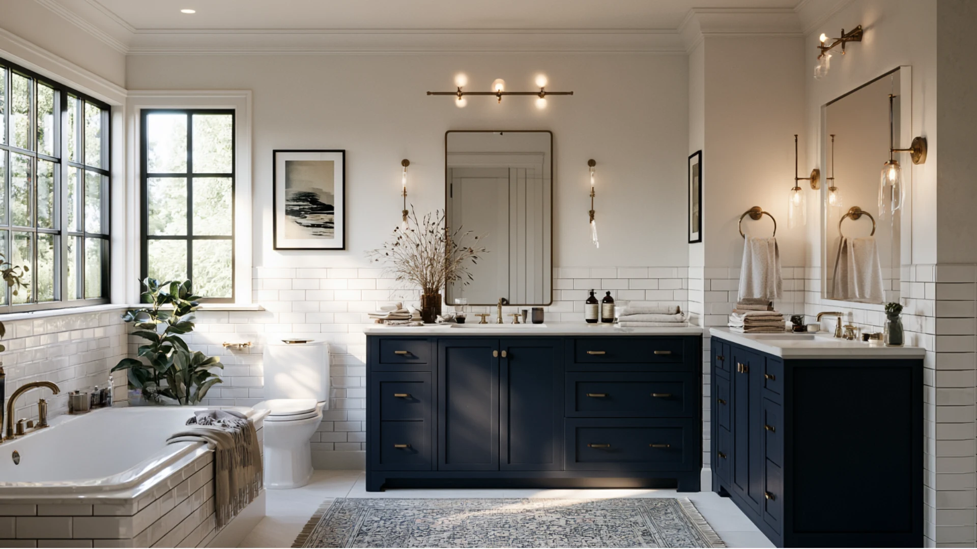 Bright bathroom with Hale Navy vanities, white subway tile walls, brass fixtures, a freestanding tub, and a patterned area rug.