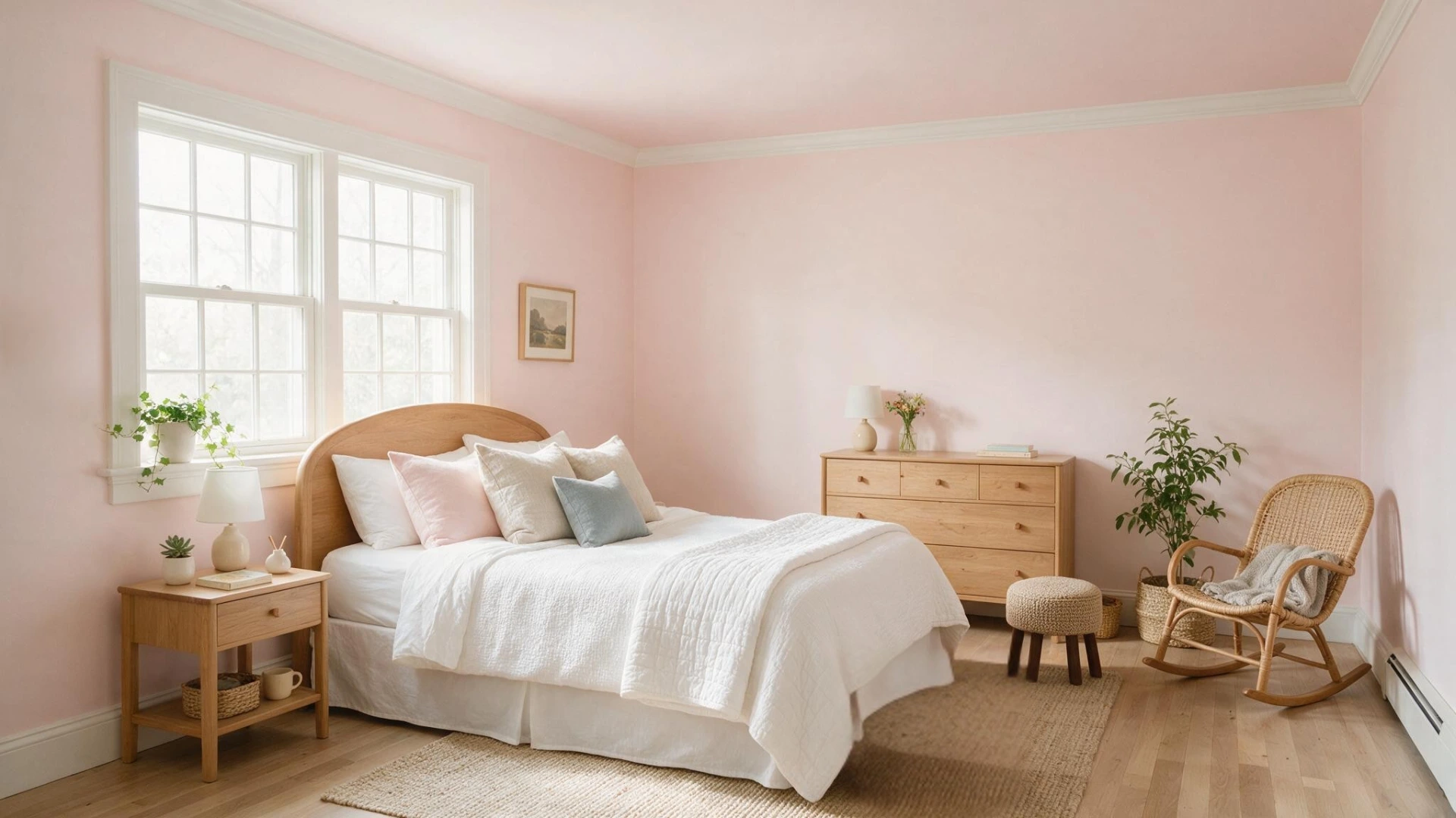 Bright bedroom with soft pink Benjamin Moore First Light walls and wood furniture