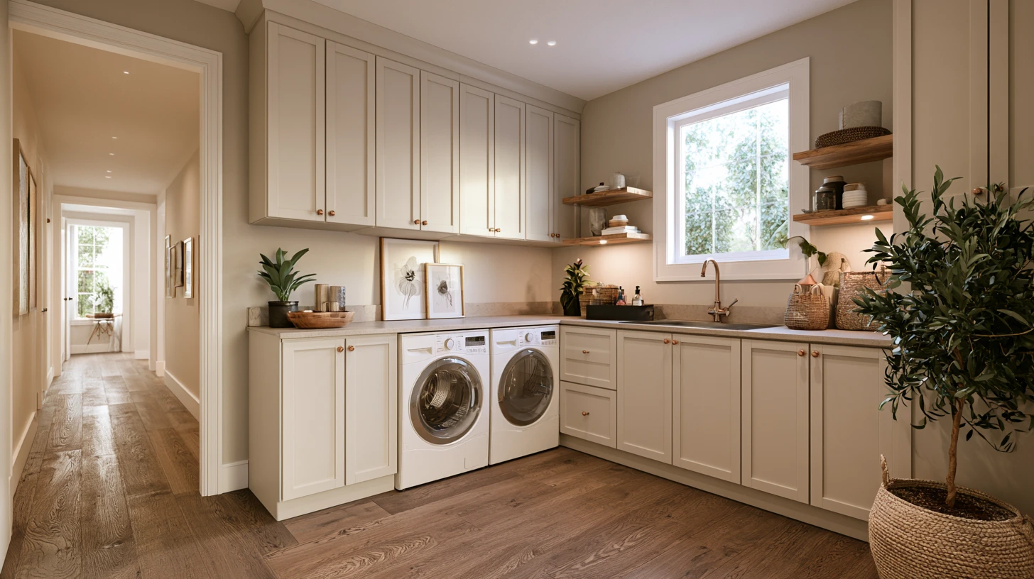 Bright beige laundry room with front-loading washer and dryer, white cabinets, wooden shelves, a window, sink, houseplants, and a hallway with wood flooring.