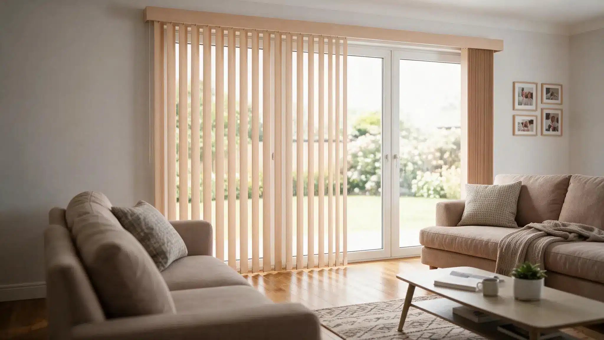 Bright beige living room with sofas, a coffee table, framed family photos, and vertical blinds covering glass doors overlooking a garden.