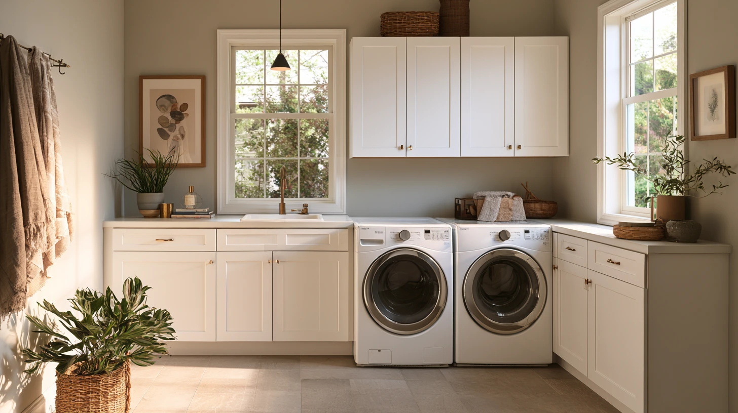 Bright, cozy laundry room with white cabinets, front-loading washer and dryer, sunlight-filled windows, houseplants, and woven baskets.