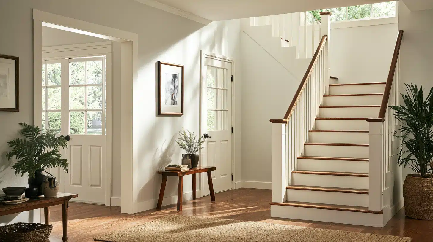 Bright entryway with a staircase, glass-paneled doors, potted plants, framed artwork, and a narrow console table on a wooden floor.