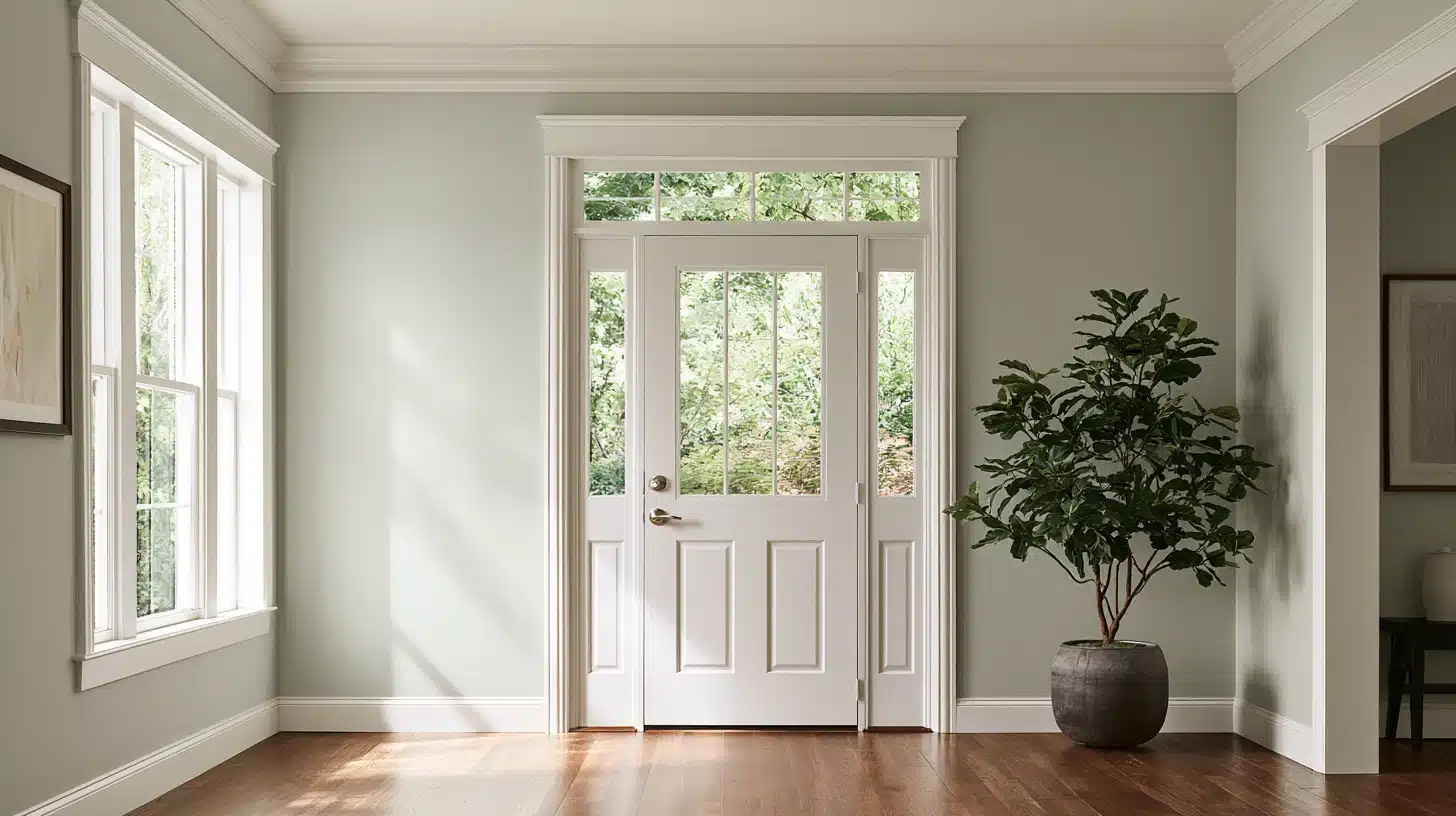 Bright entryway with a white glass-paneled door, tall windows, hardwood floor, framed art, and a potted tree.