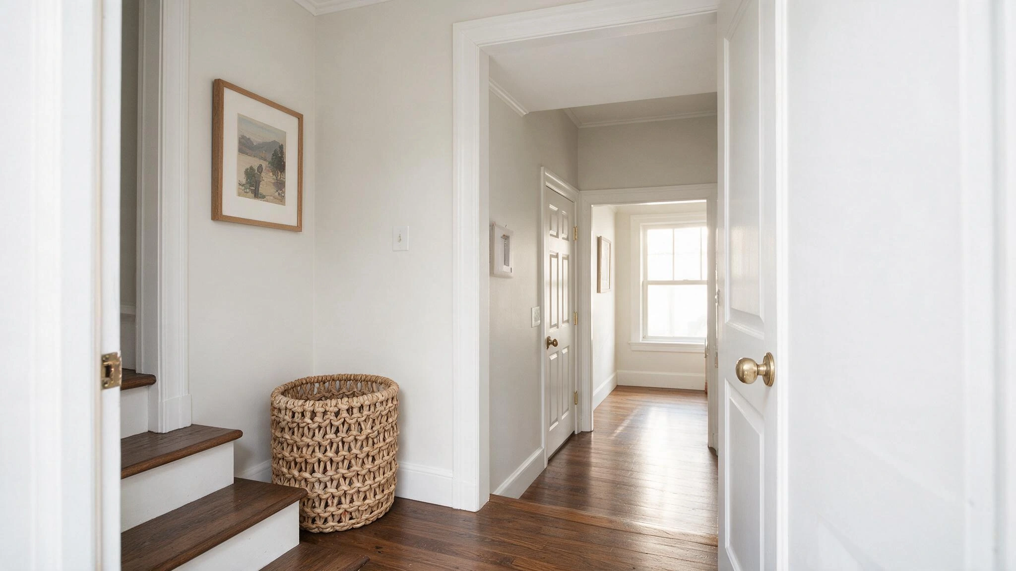 Bright home hallway with dark wood floors, a woven basket, framed artwork, stairs, open doors, and a sunlit window at the far end.