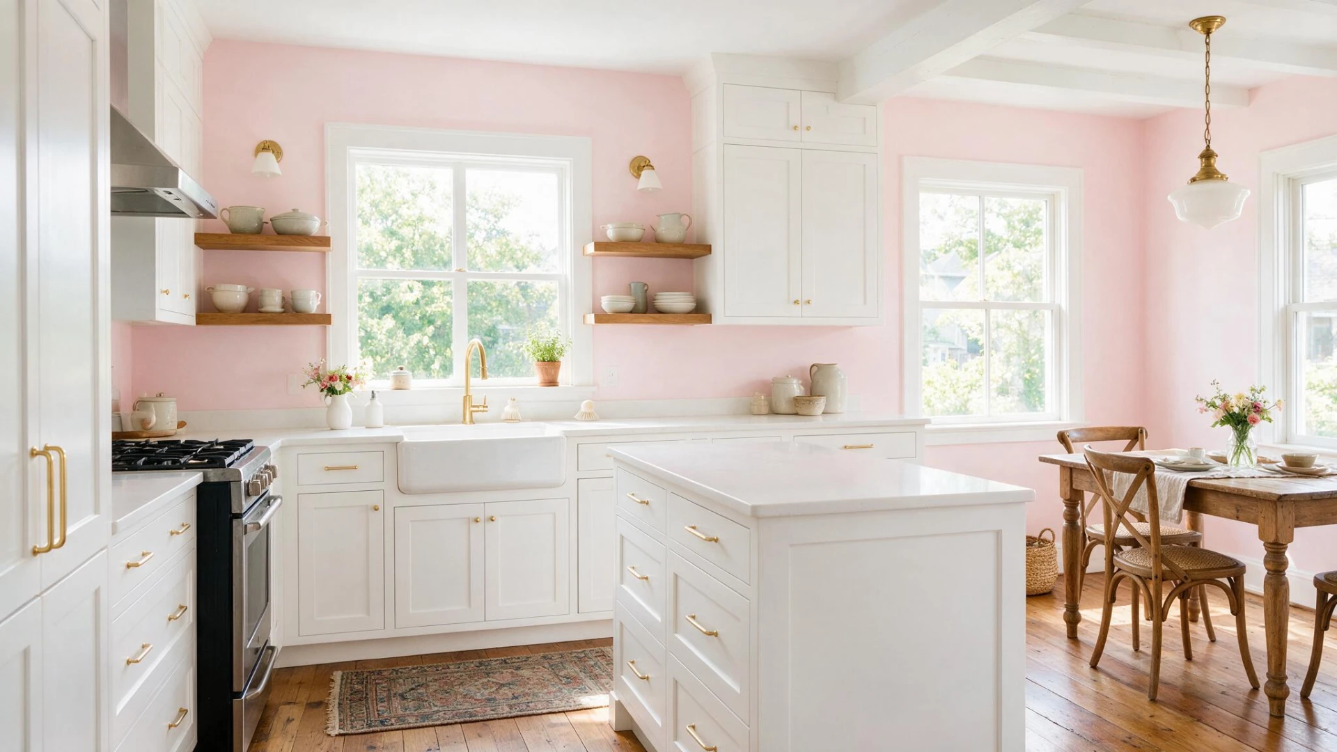 Bright kitchen featuring soft pink walls, white cabinets, and brass hardware