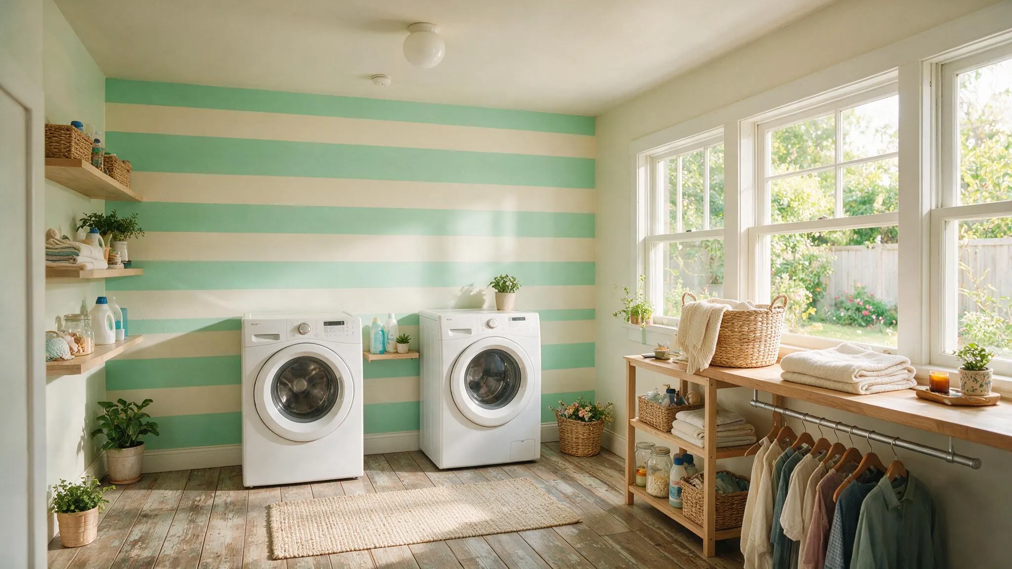 Bright laundry room with mint green and cream painted striped accent wall, white appliances, wood shelves, and large sunny windows.