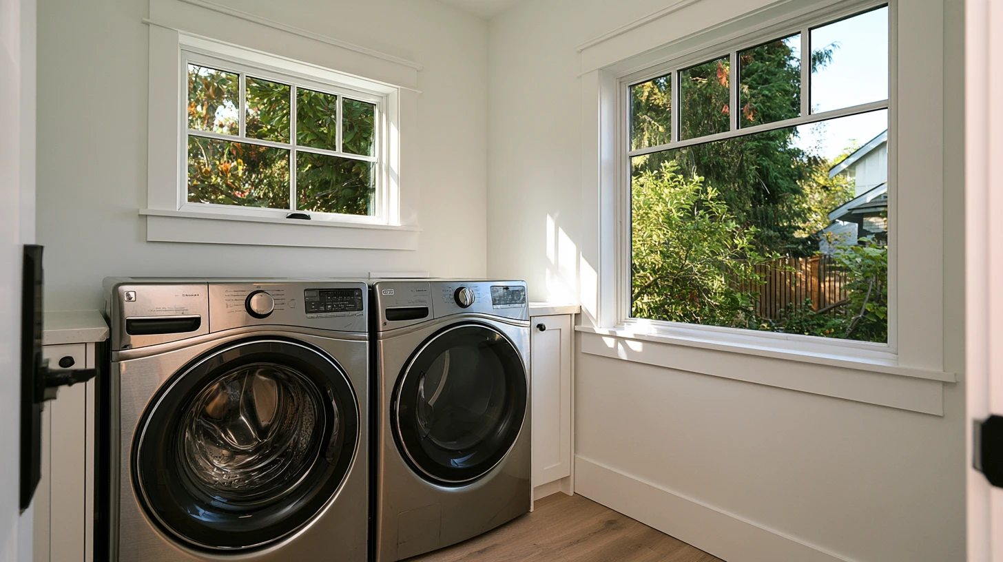 Bright laundry room with stainless steel front-loading washer and dryer beneath two large windows overlooking a leafy backyard.