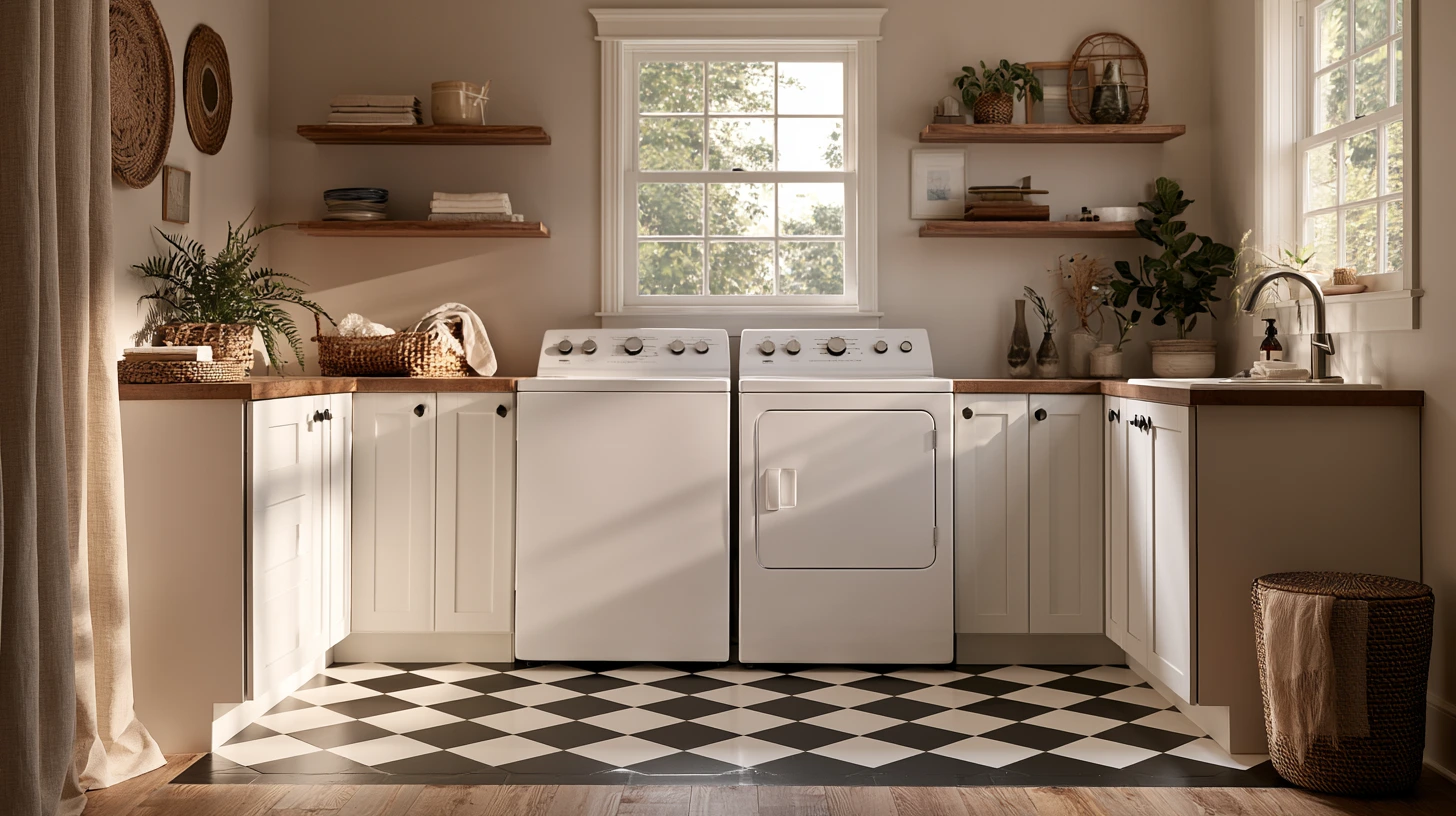 Bright laundry room with white cabinets, a washer and dryer, open shelves, plants, a utility sink, and black-and-white checkered floor tiles.