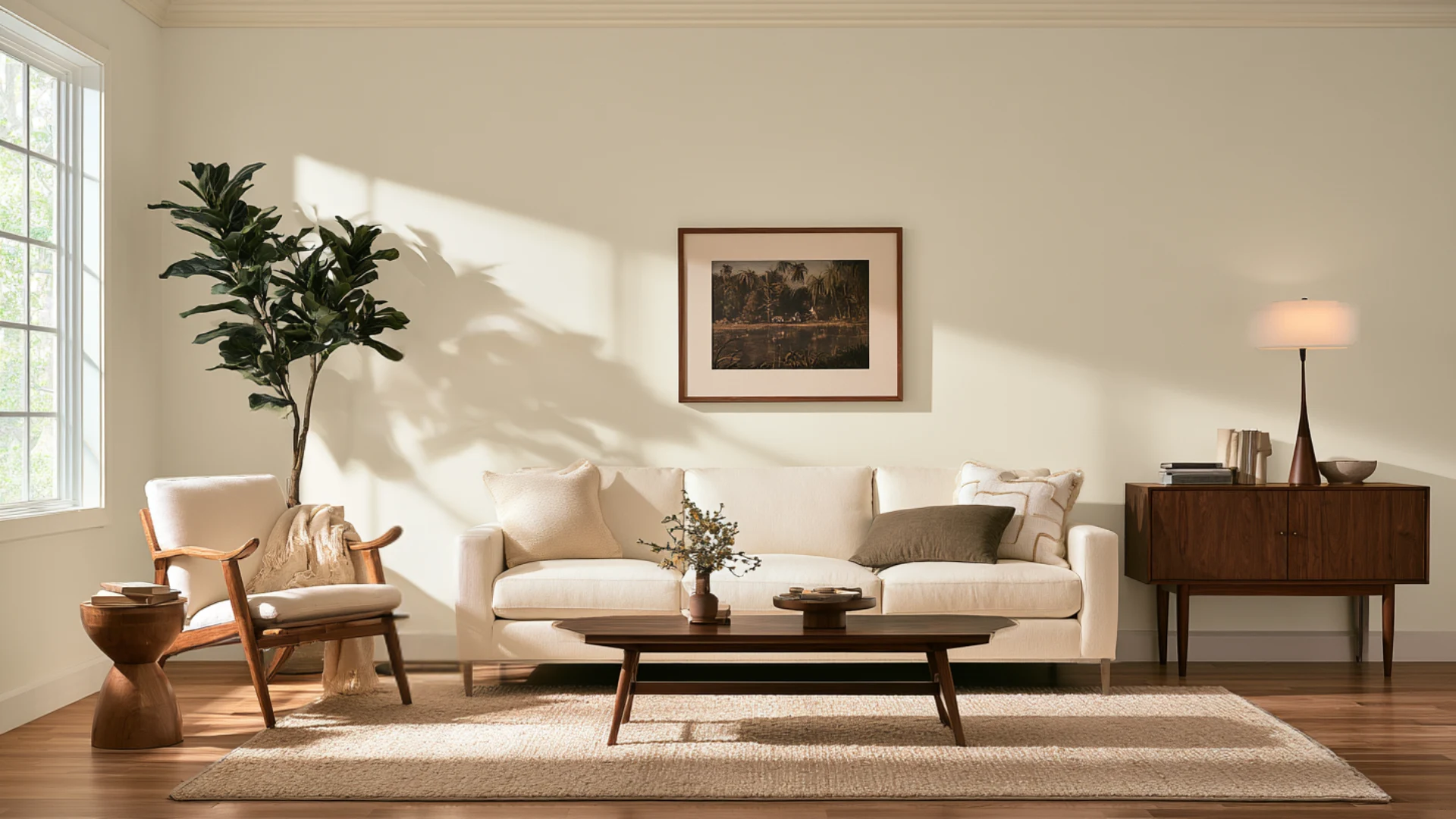 Bright living room featuring Shoji White walls, neutral furniture, and warm natural morning light.