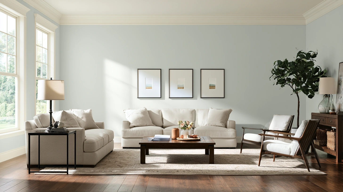 Bright living room with a white sofa, armchairs, coffee table, framed wall art, floor lamp, large windows, and potted tree.