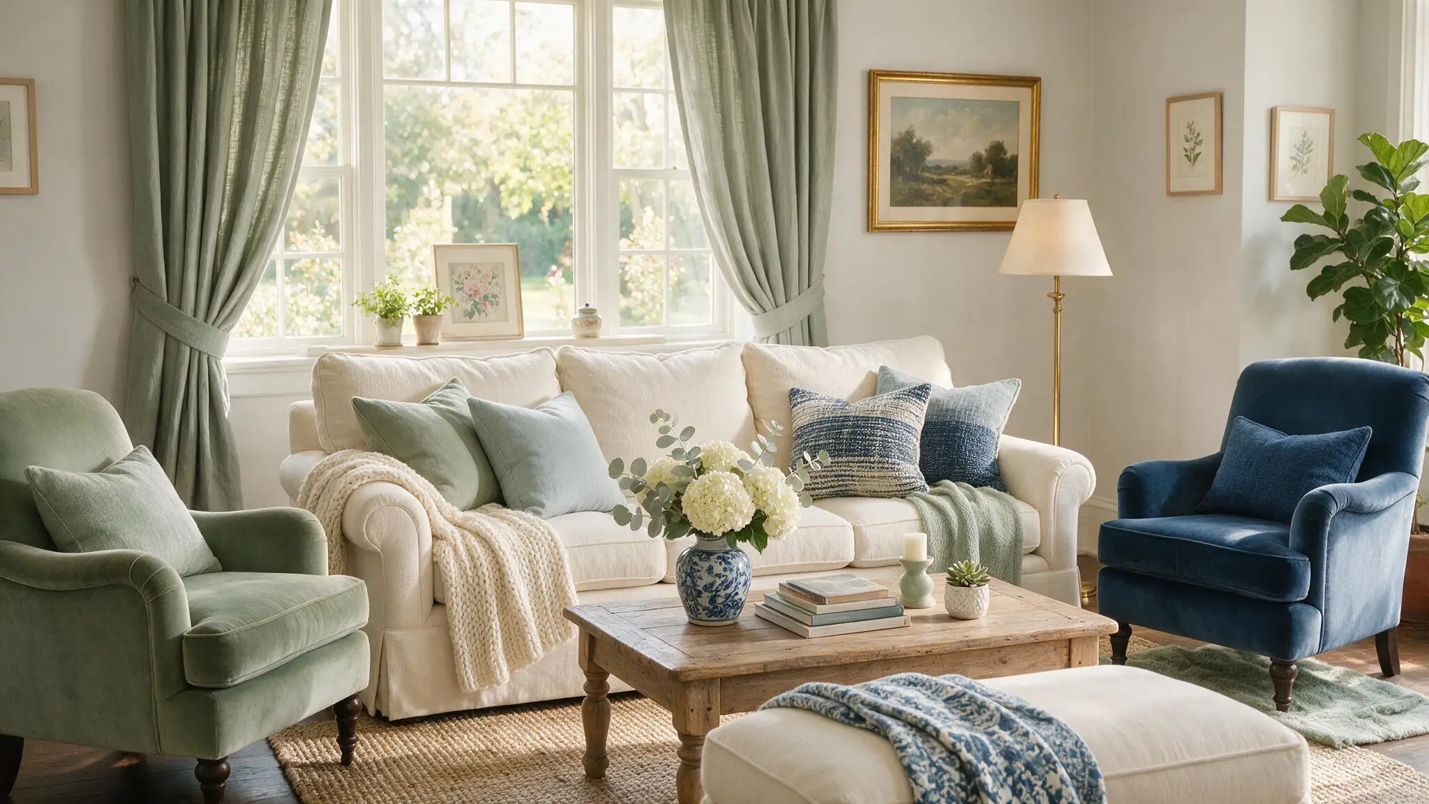 Bright living room with a white sofa, green and blue armchairs, floral centerpiece, wooden coffee table, and large curtained windows.
