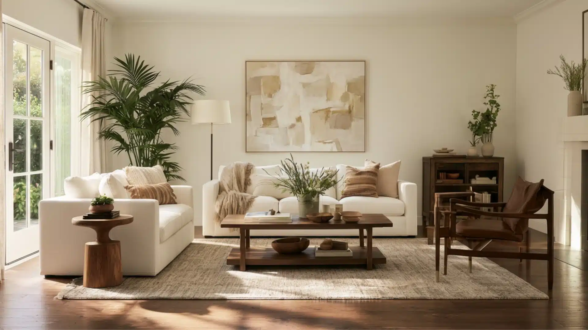Bright living room with two white sofas, a wooden coffee table, armchair, potted plants, abstract wall art, and sunlight through glass doors.