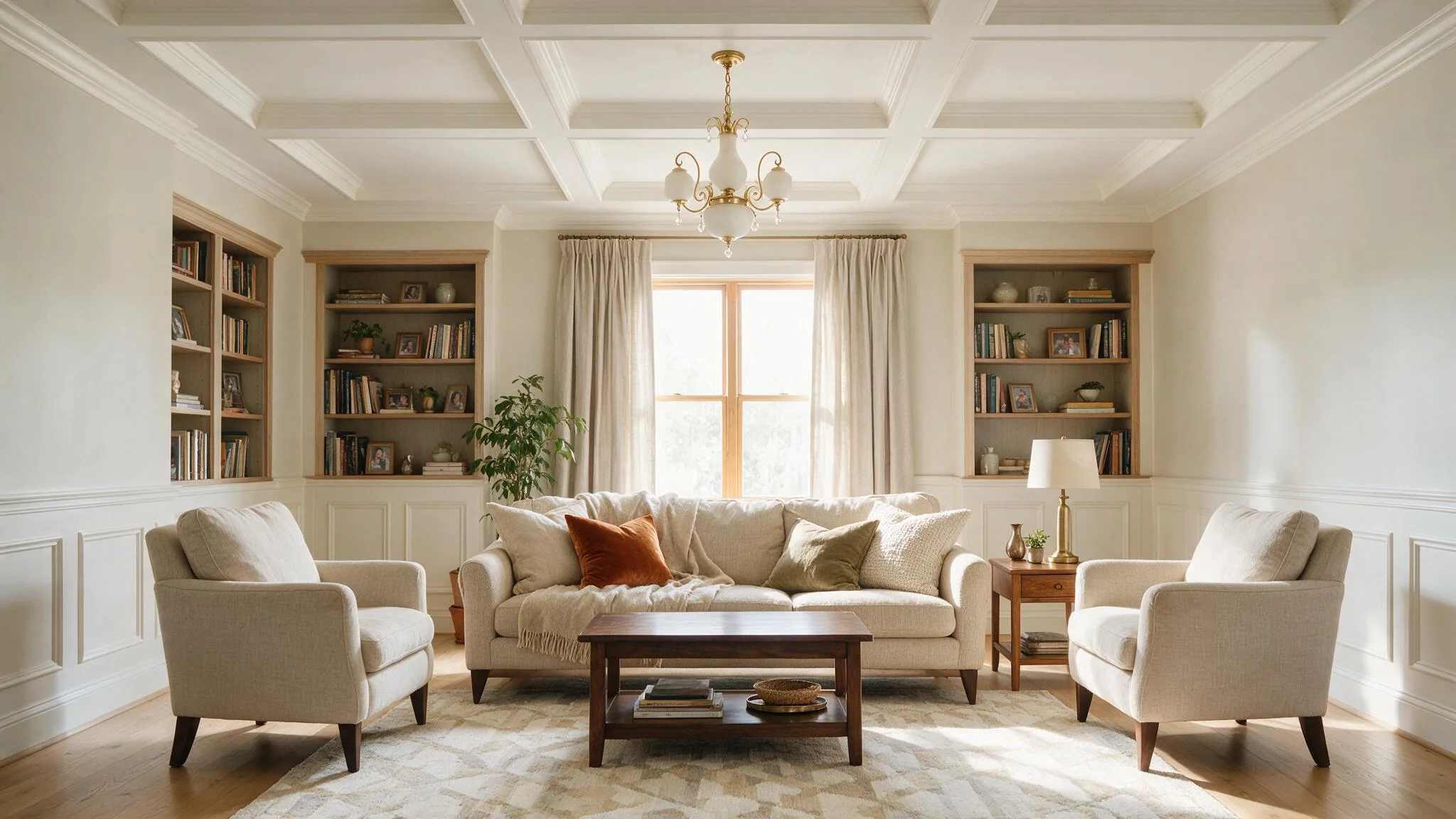 Bright living room with white coffered ceiling chandelier built in shelves soft neutral furniture and wood accents