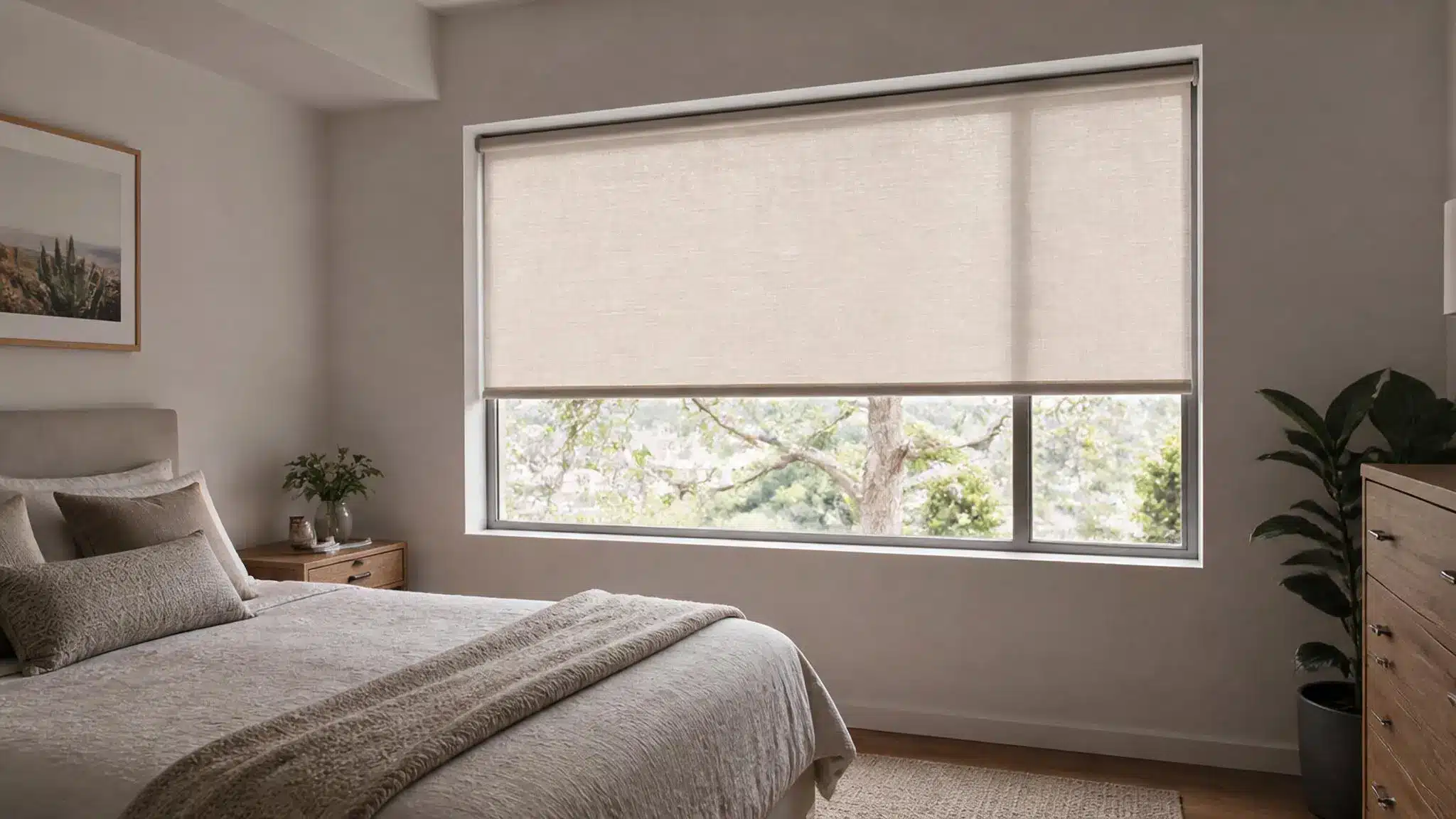 Bright neutral-toned bedroom with a neatly made bed, large partially shaded window overlooking trees, bedside table, framed artwork, and potted plant.