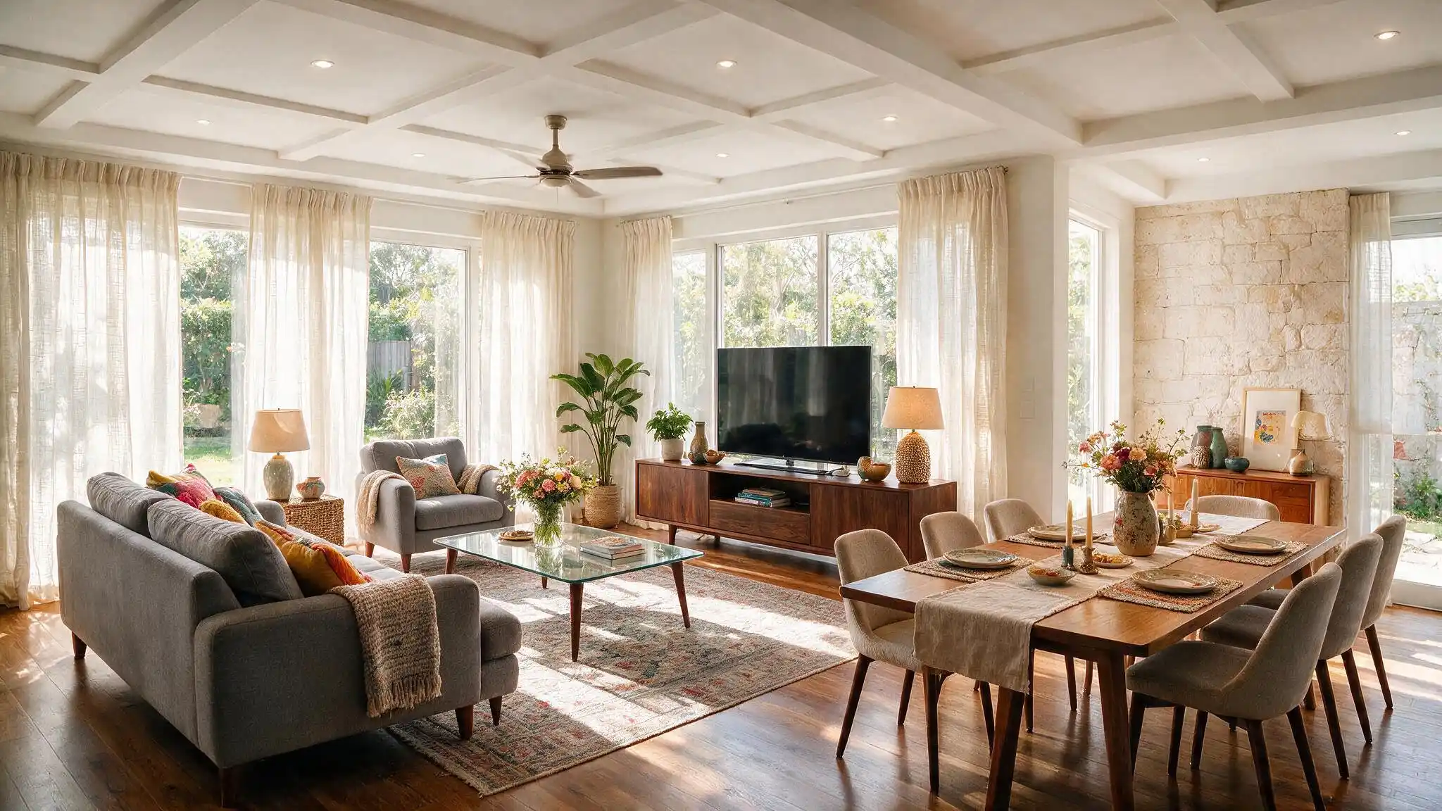 Bright open living and dining room with coffered ceiling gray seating wood furniture and large sunlit windows