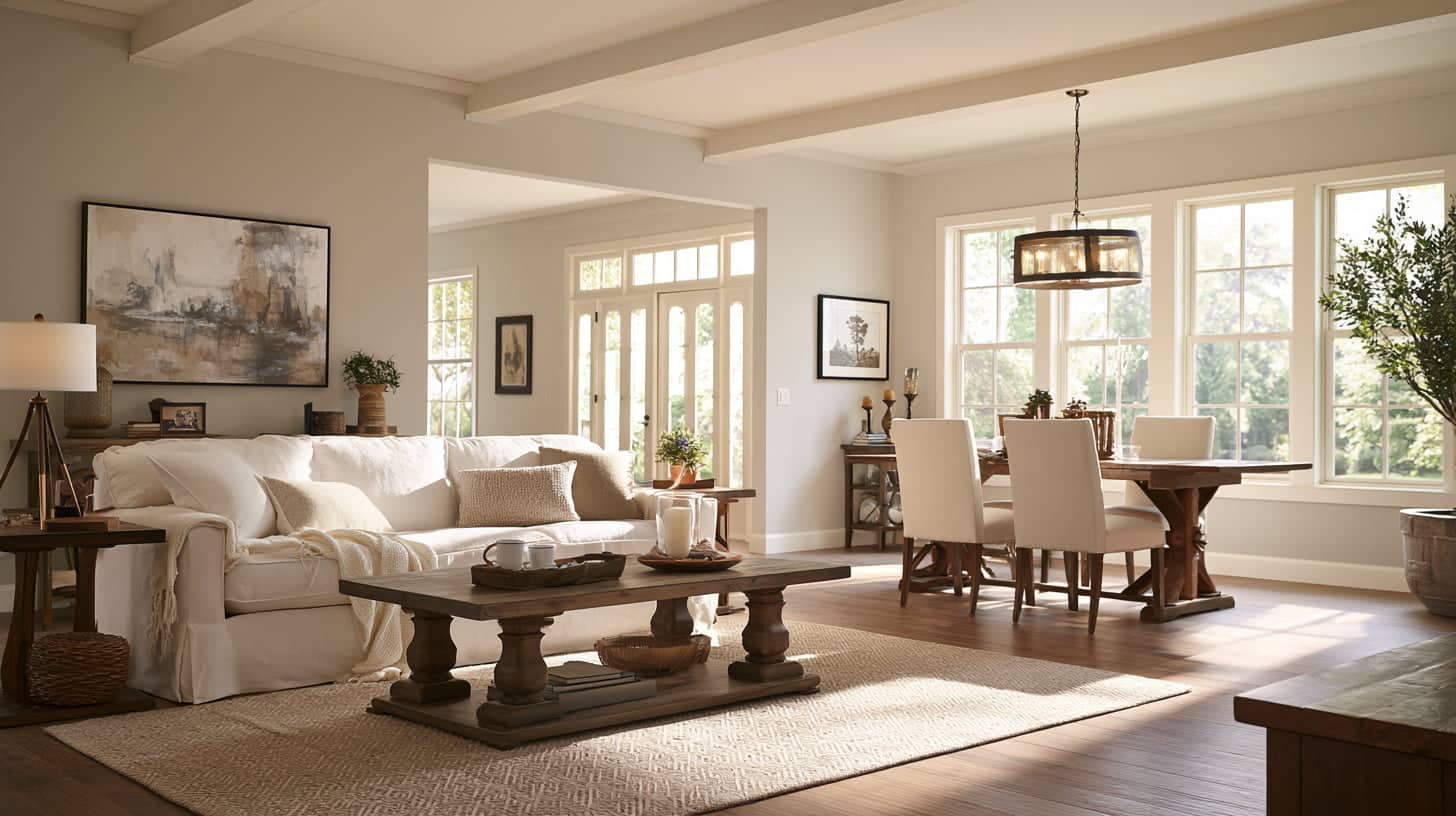 Bright open-plan living and dining room with a white sofa, wood coffee table, dining table, large windows, and neutral decor.