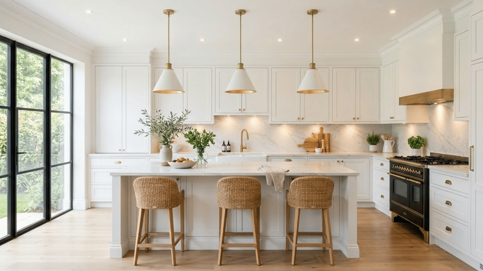 modern white kitchen with recessed lighting and pendant lights above a marble island