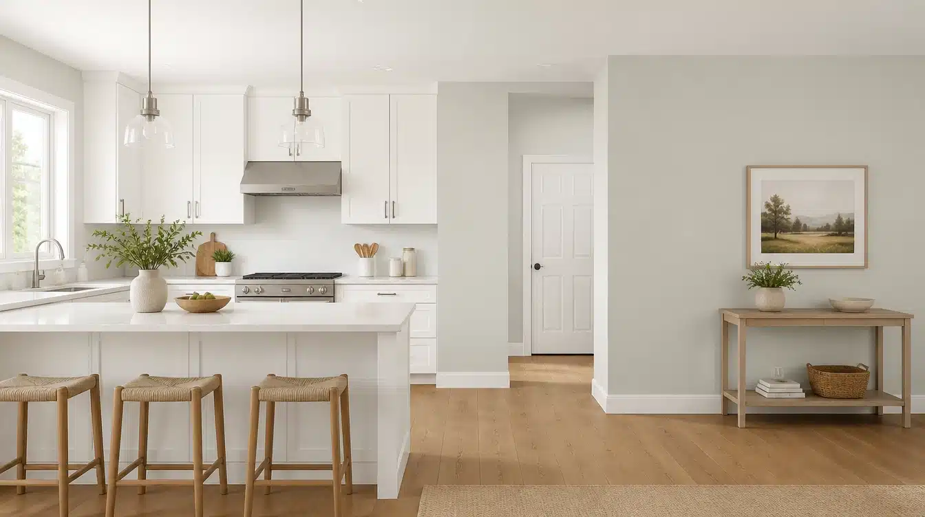 Bright white kitchen with island and three stools opens to a hallway, while a console table, framed landscape, plant, and basket sit against the wall.