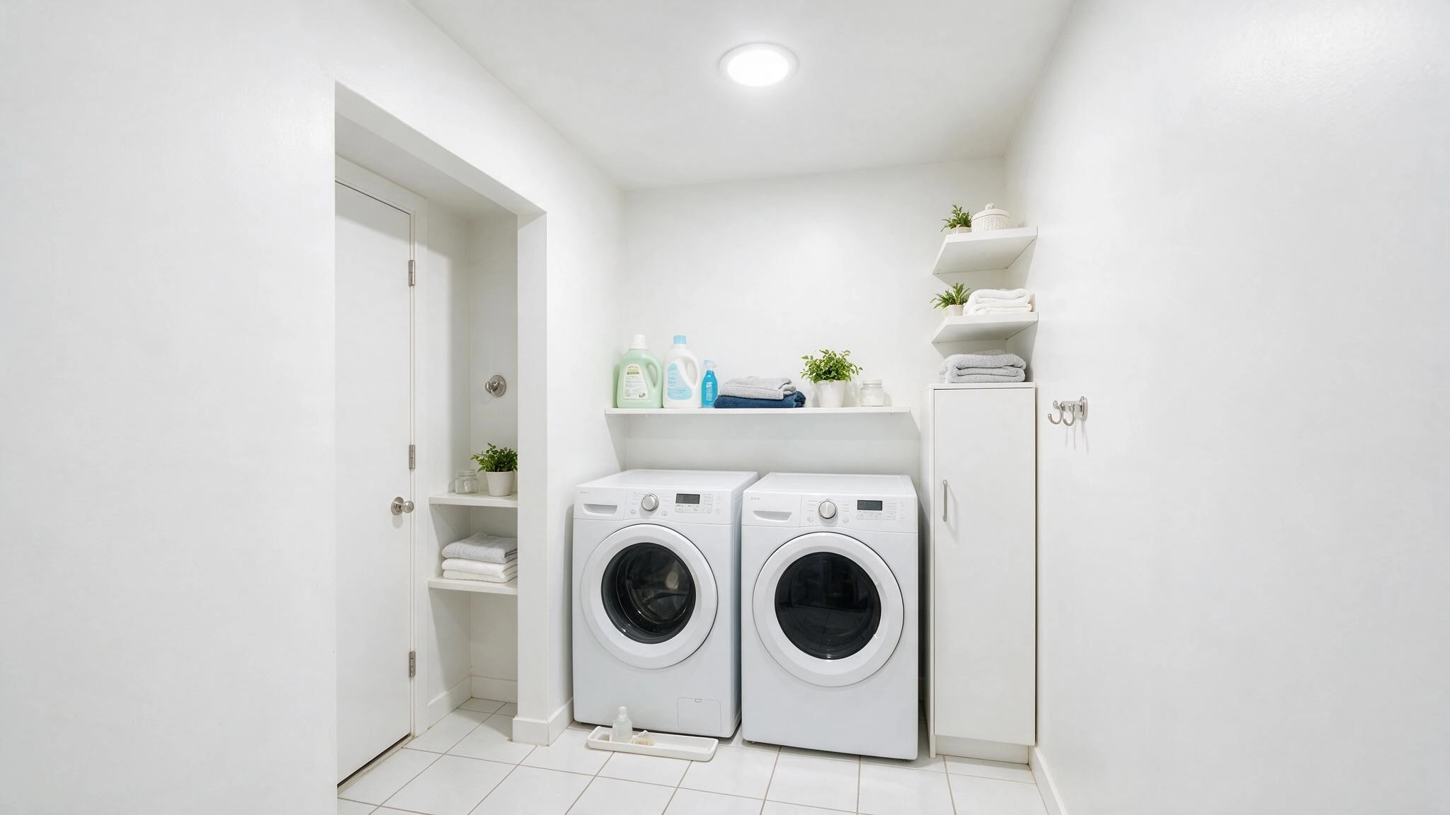 Bright white laundry room with front-loading washer and dryer, open shelves of detergent and folded towels, a tall storage cabinet, and small potted plants.