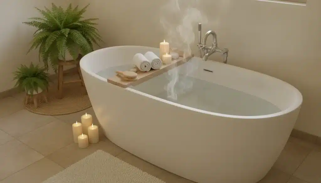 Steaming bathtub with candles and rolled towels on wooden board in serene bathroom setting