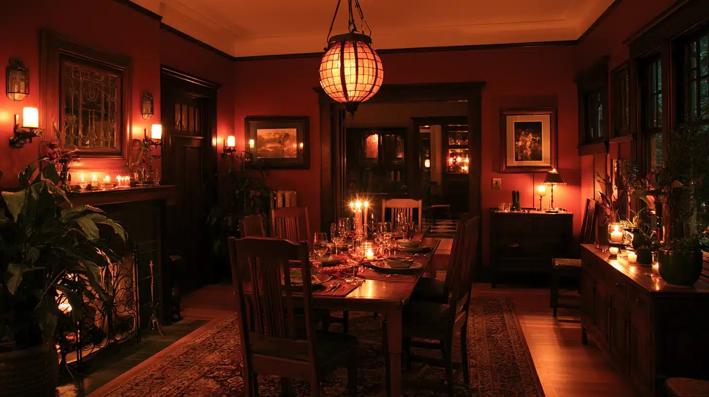 Bronze red dining room with dark wood furniture, warm lantern lighting, candles, framed artwork, plants, and an intimate evening setting.