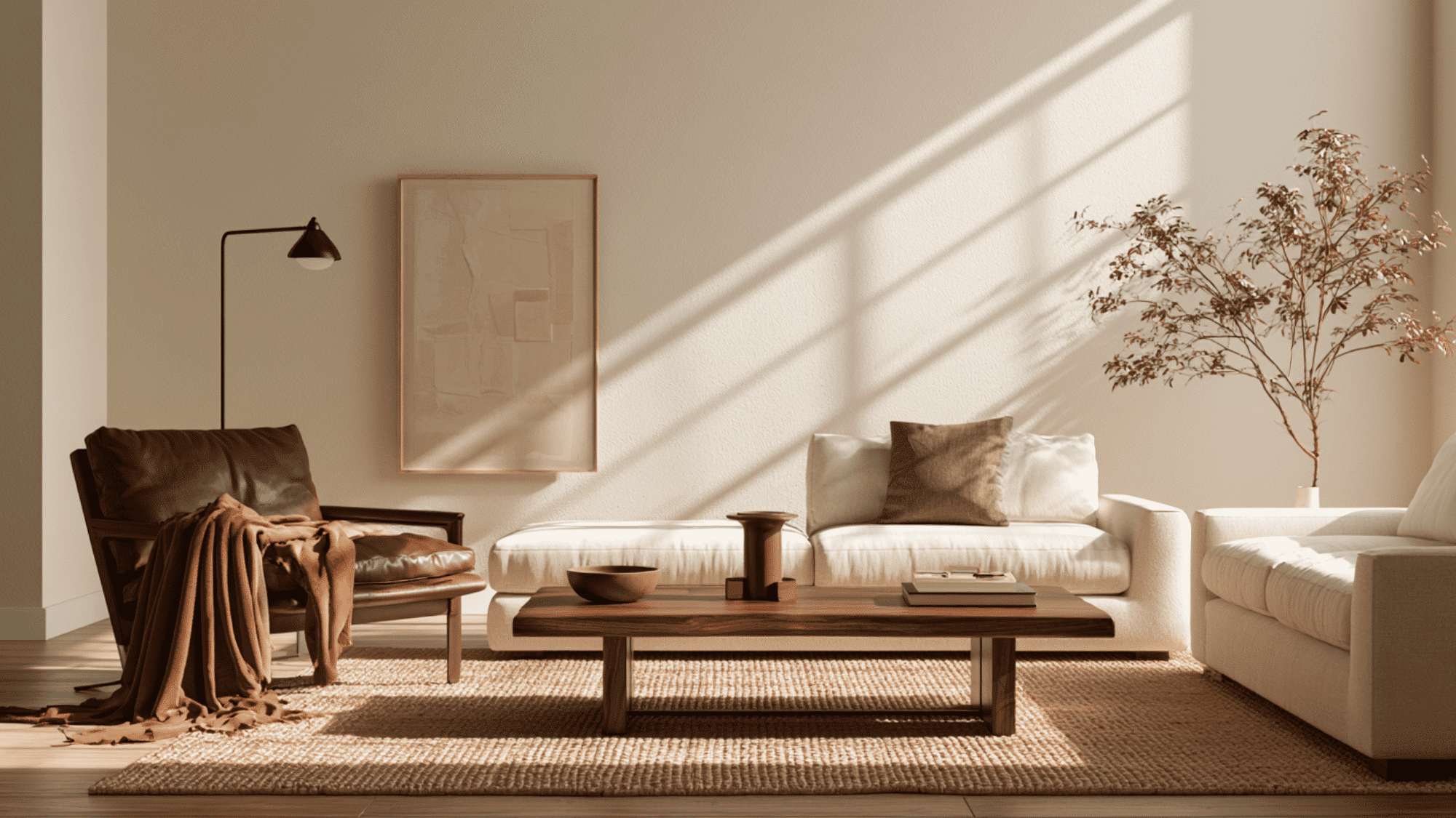 beige living room with brown leather chair, cream sofa, and walnut furniture