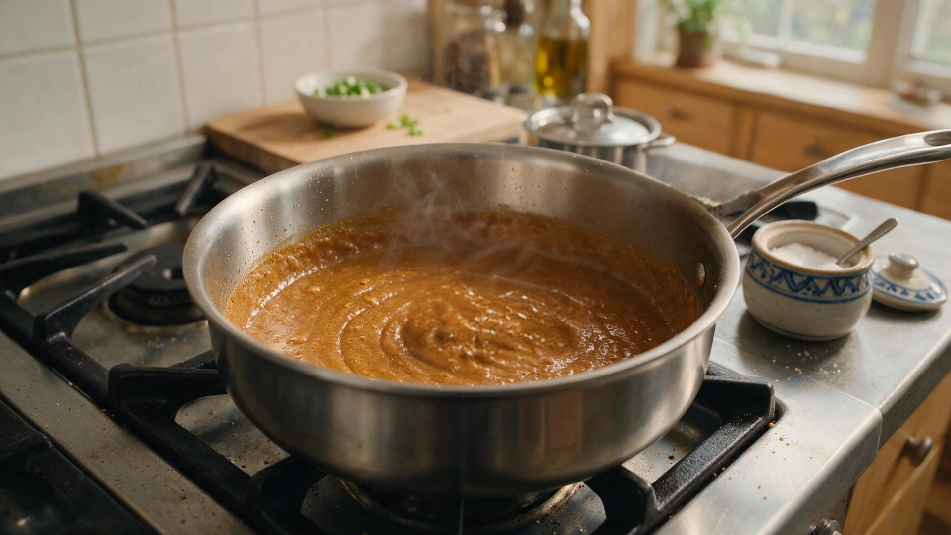 brown roux simmering in a stainless steel pan over a gas burner flame