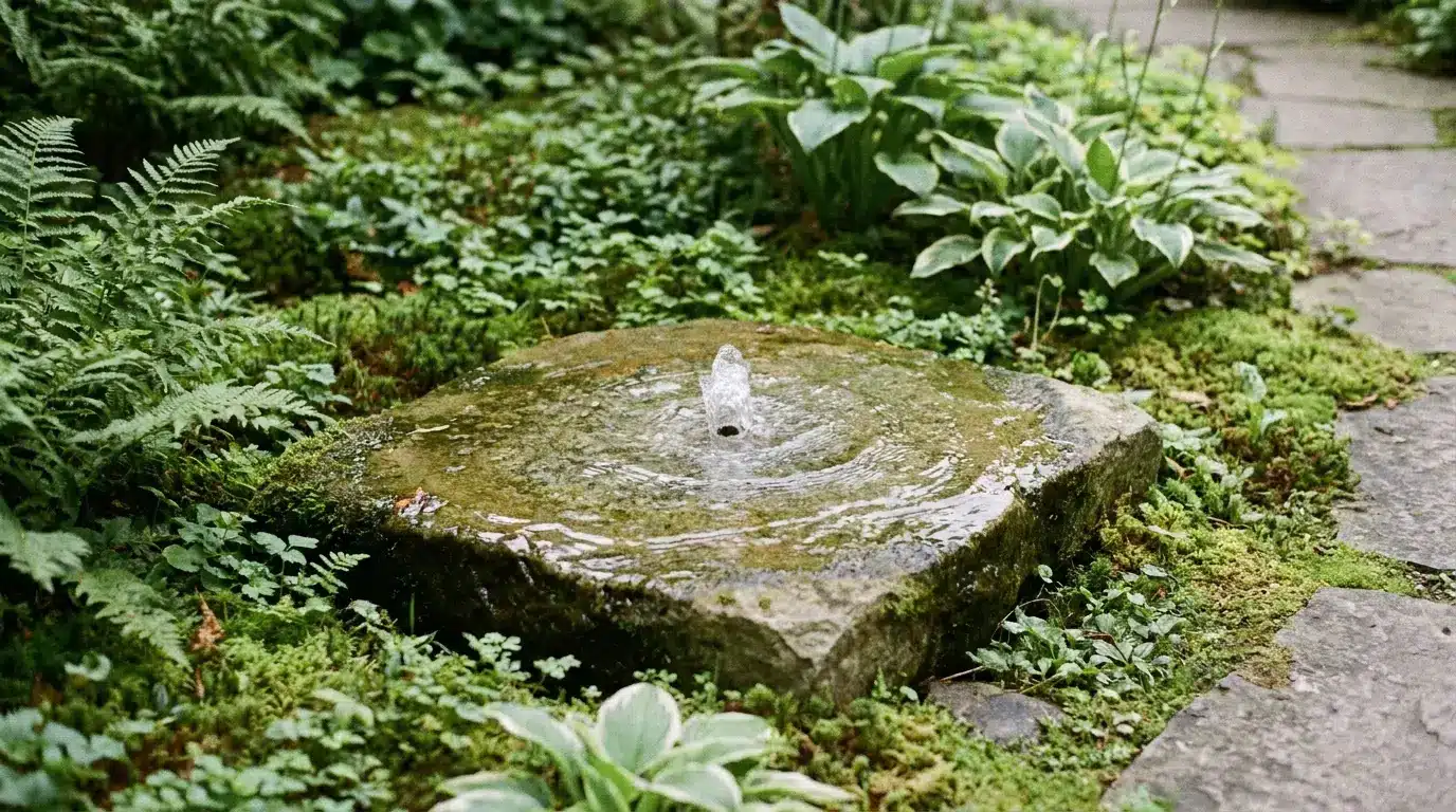 Stone fountain with gentle water flow surrounded by lush greenery in a garden setting