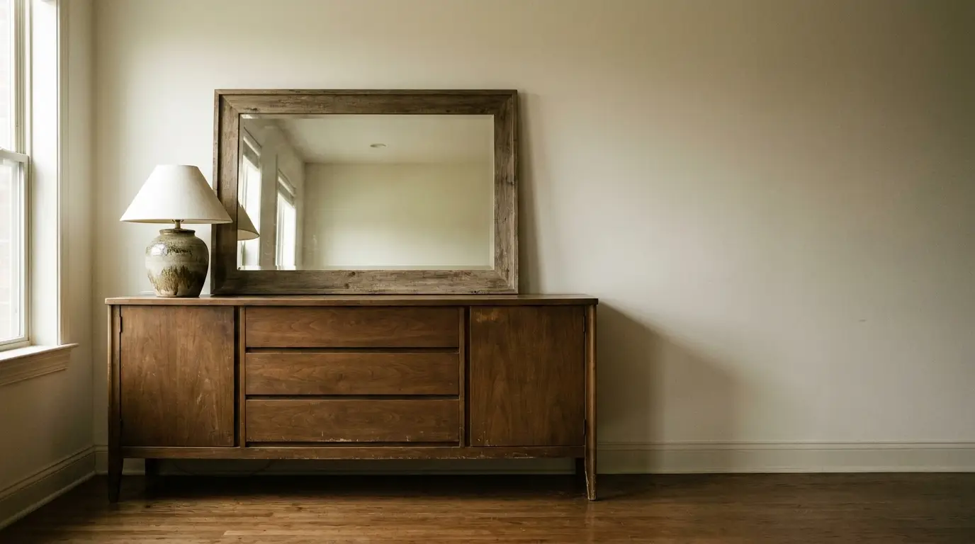 Wooden sideboard with large mirror and ceramic lamp in sunlight-filled room