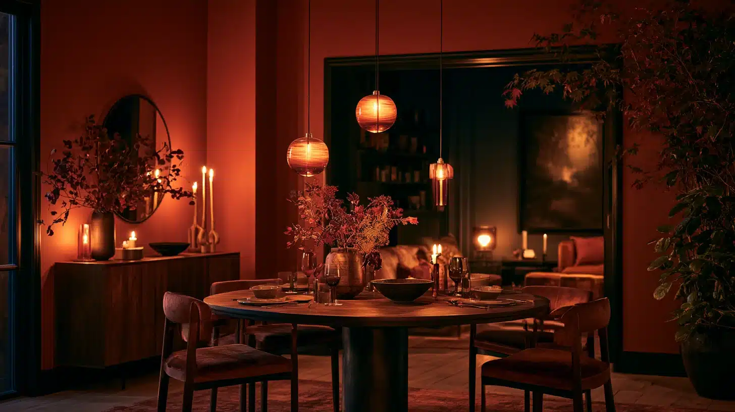 Moody dining room with burnt orange walls, round wooden table, pendant lights, candles, and dark decorative accents.
