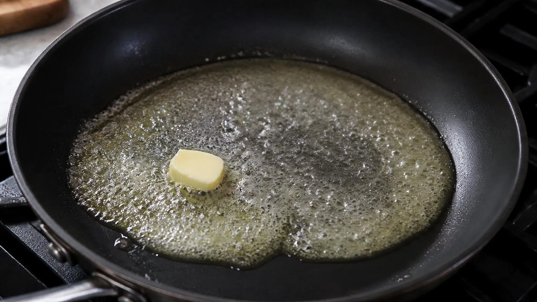 Butter melting in a black frying pan on a stovetop.
