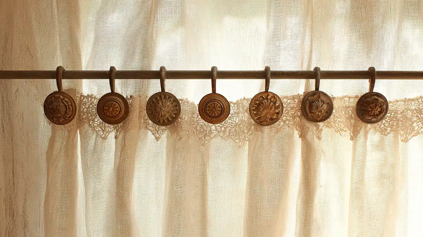 Decorative cabinet pulls repurposed as curtain hardware for sheer lace curtains with a vintage DIY look.