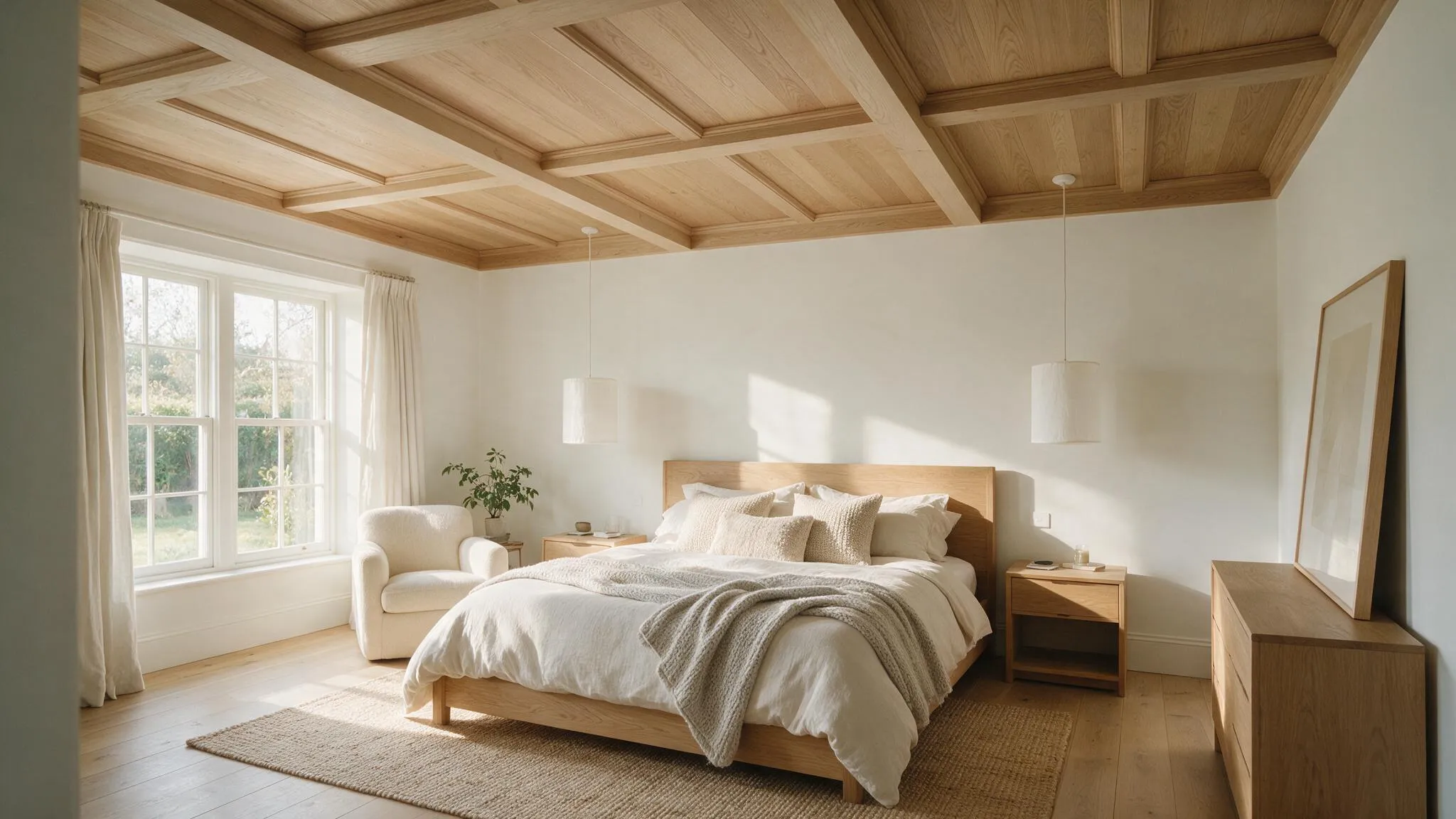 Calm bedroom with light wood coffered ceiling white bedding matching wood furniture large windows and soft daylight
