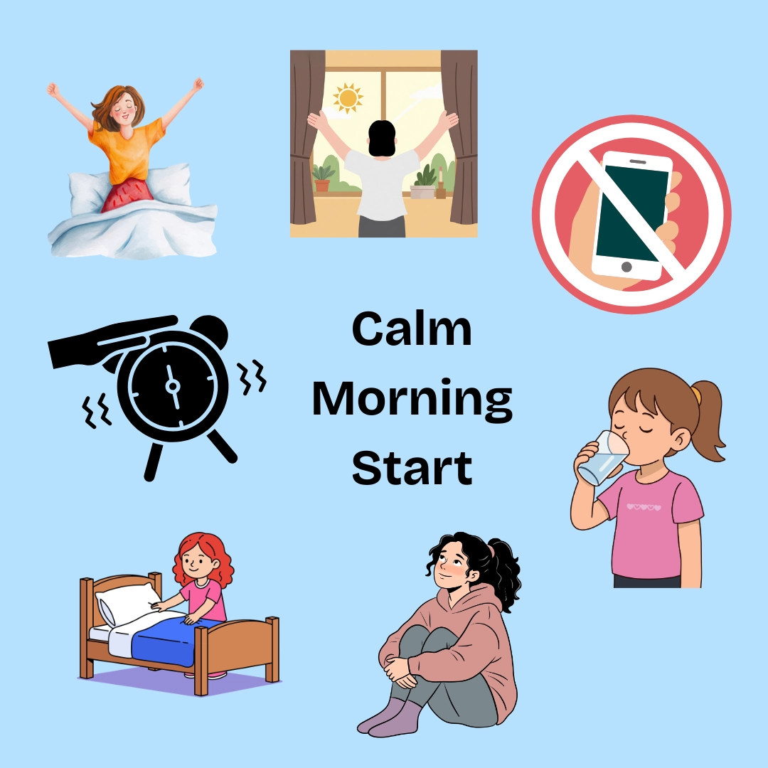 Calm morning routine illustrations showing waking up sunlight hydration making the bed and avoiding phone use daily