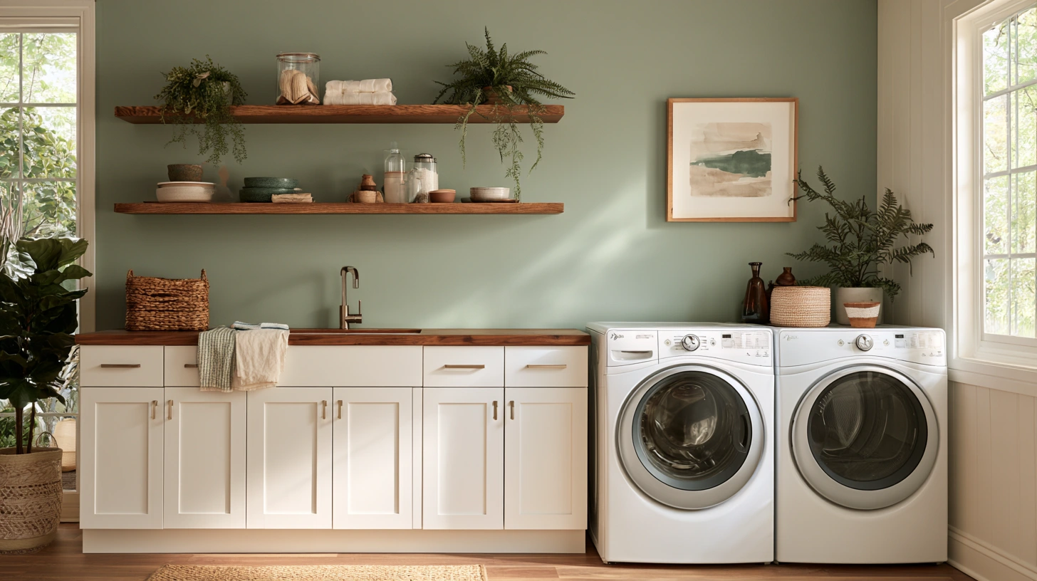 Calming sage green laundry room with white cabinets, wood countertops, open shelving, plants, and white washer and dryer.