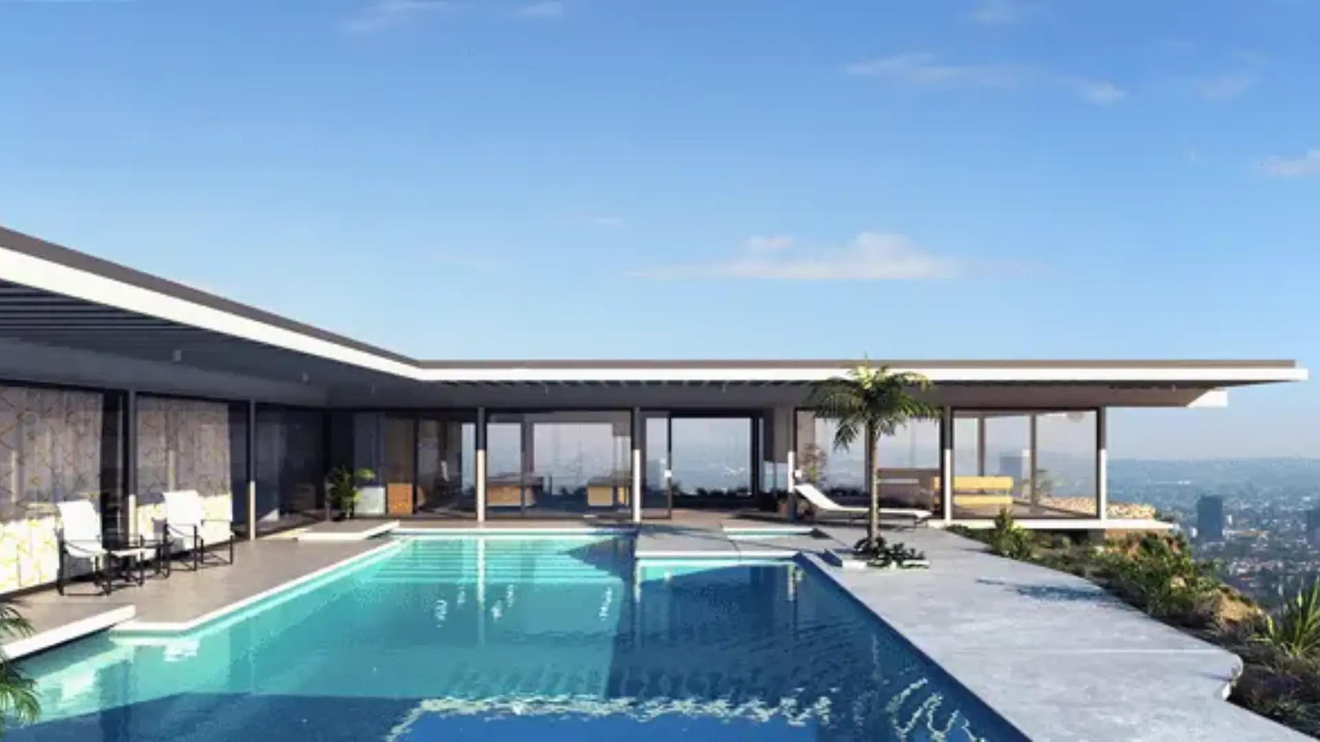 Case Study House No 22 California featuring iconic mid century modern design with flat roof infinity style pool floor to ceiling glass walls and panoramic city views